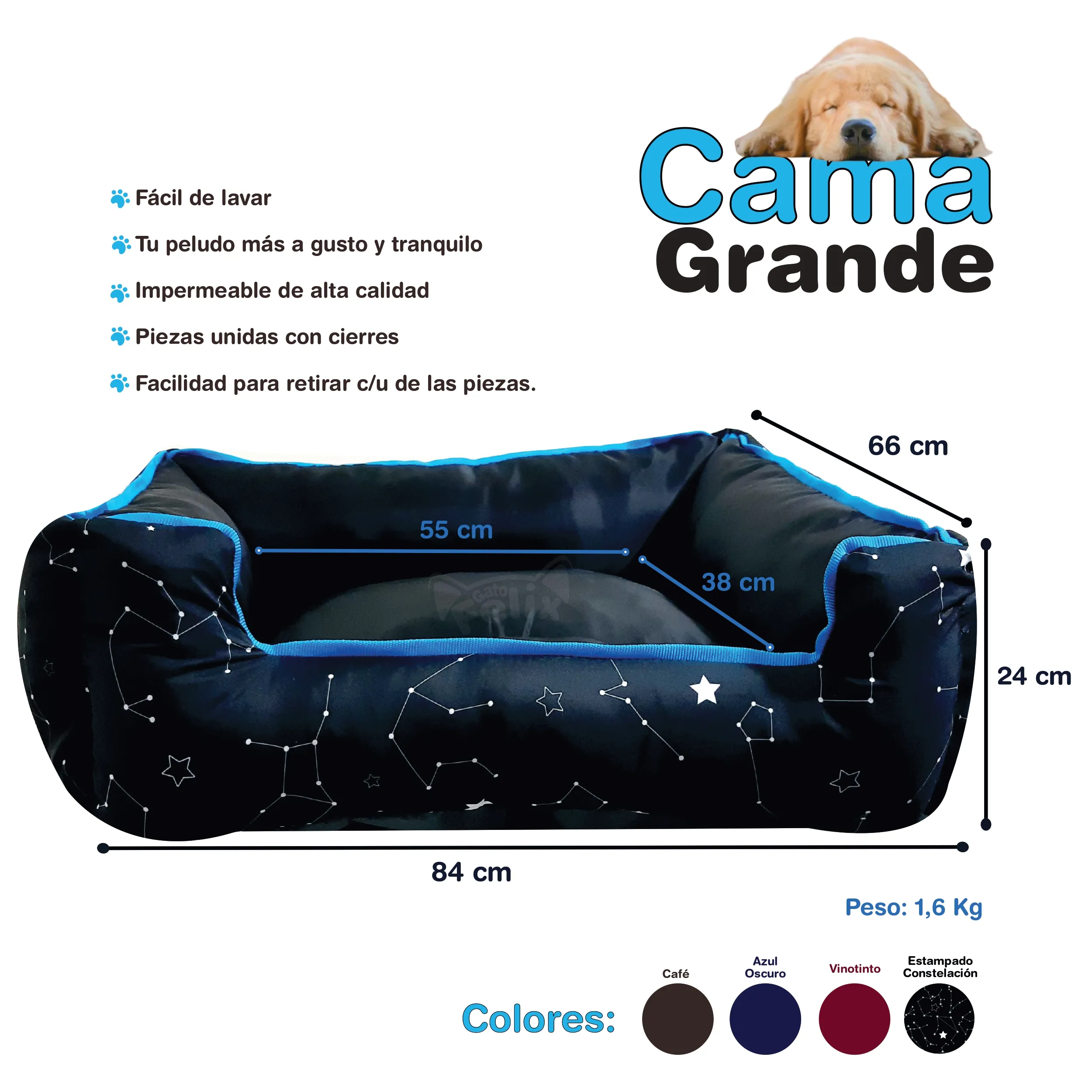 Cama Para Perro Grande Acolchada De Lujo  Lavable A  Maquina Estampado Constelación