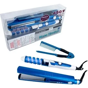 Combo Plancha Para Cabello + Encrespador Color Azul