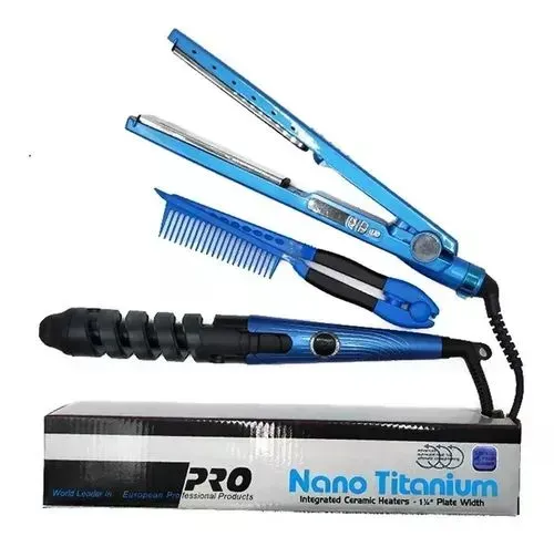 Combo Plancha Para Cabello + Encrespador Color Azul