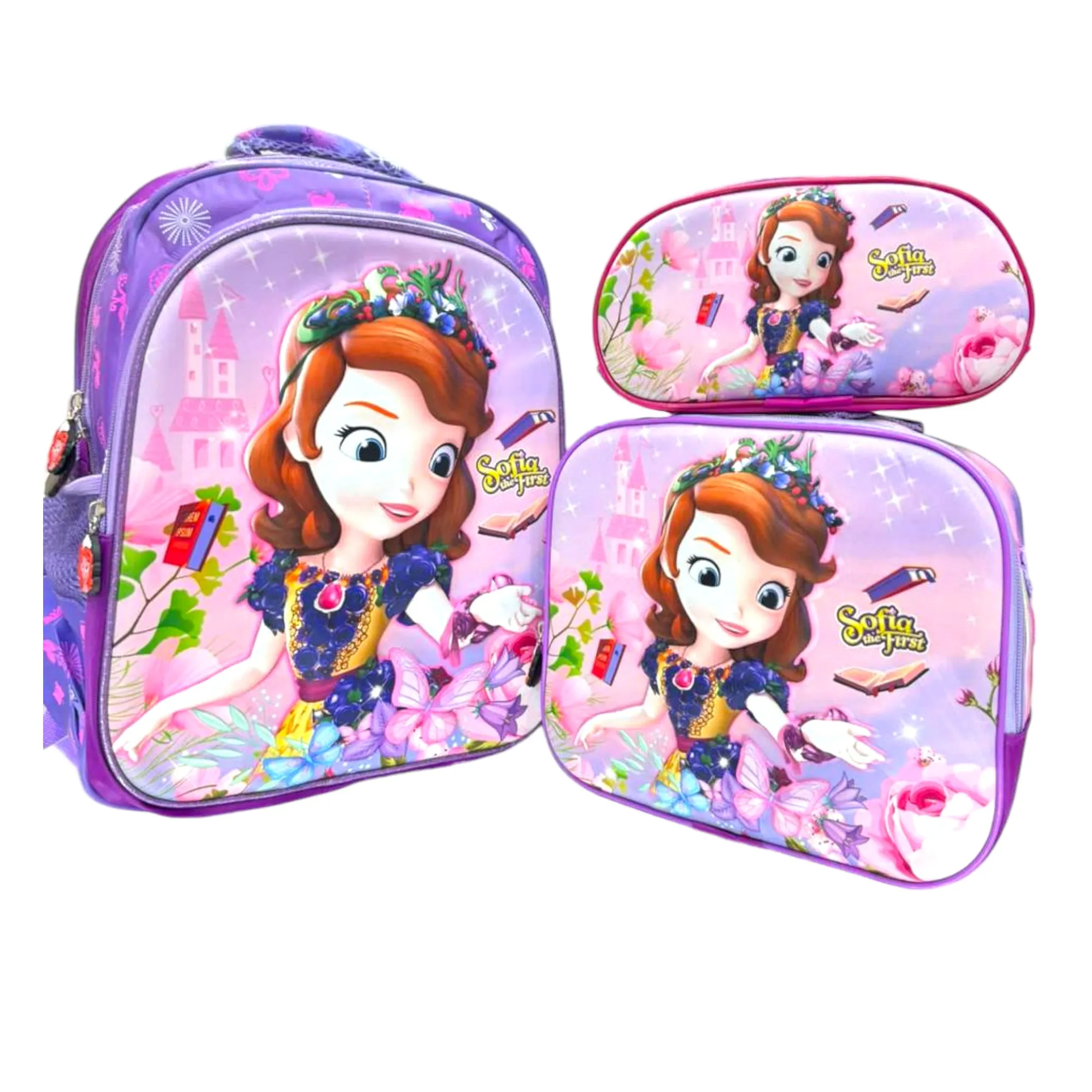 Combo Escolar Grande  Incluye Morral + Lonchera+Cartuchera  Princesa Sofia - Lila