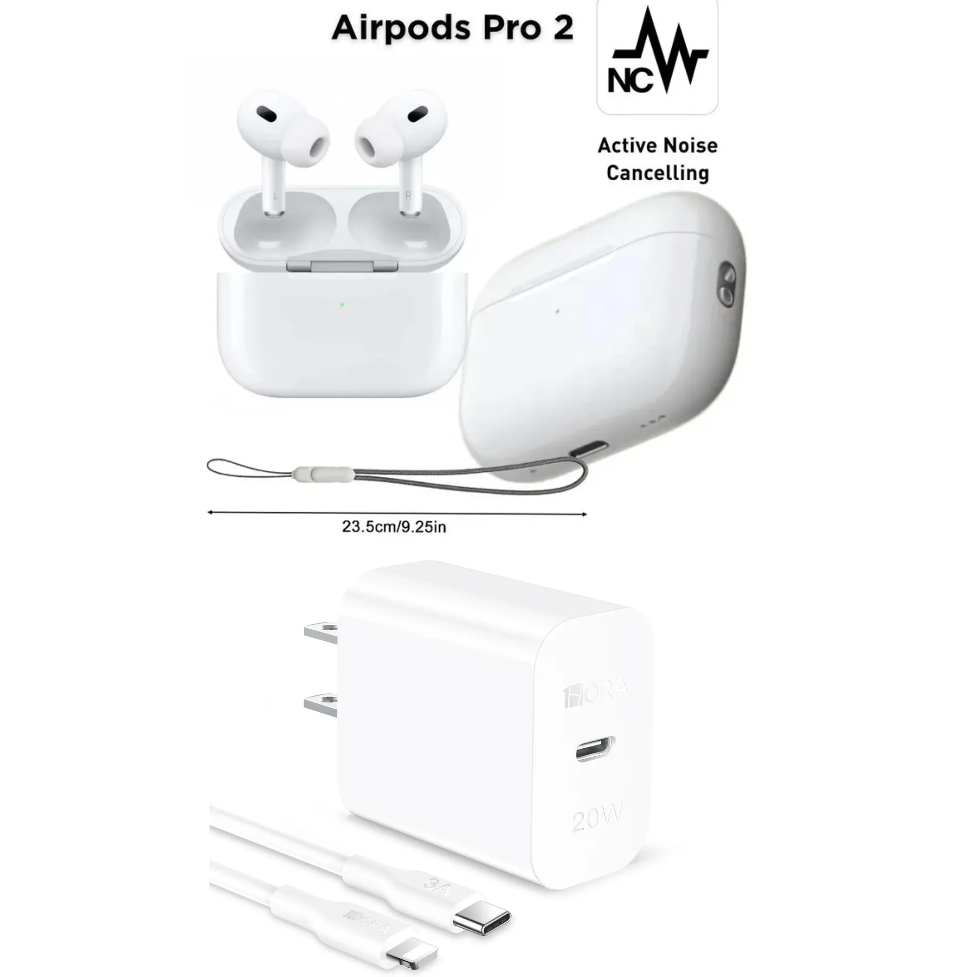 Airpods Pro 2 Audifonos Segunda Generacion + Cargador Iphone 20w Carga Super Rapida Marca 1HORA