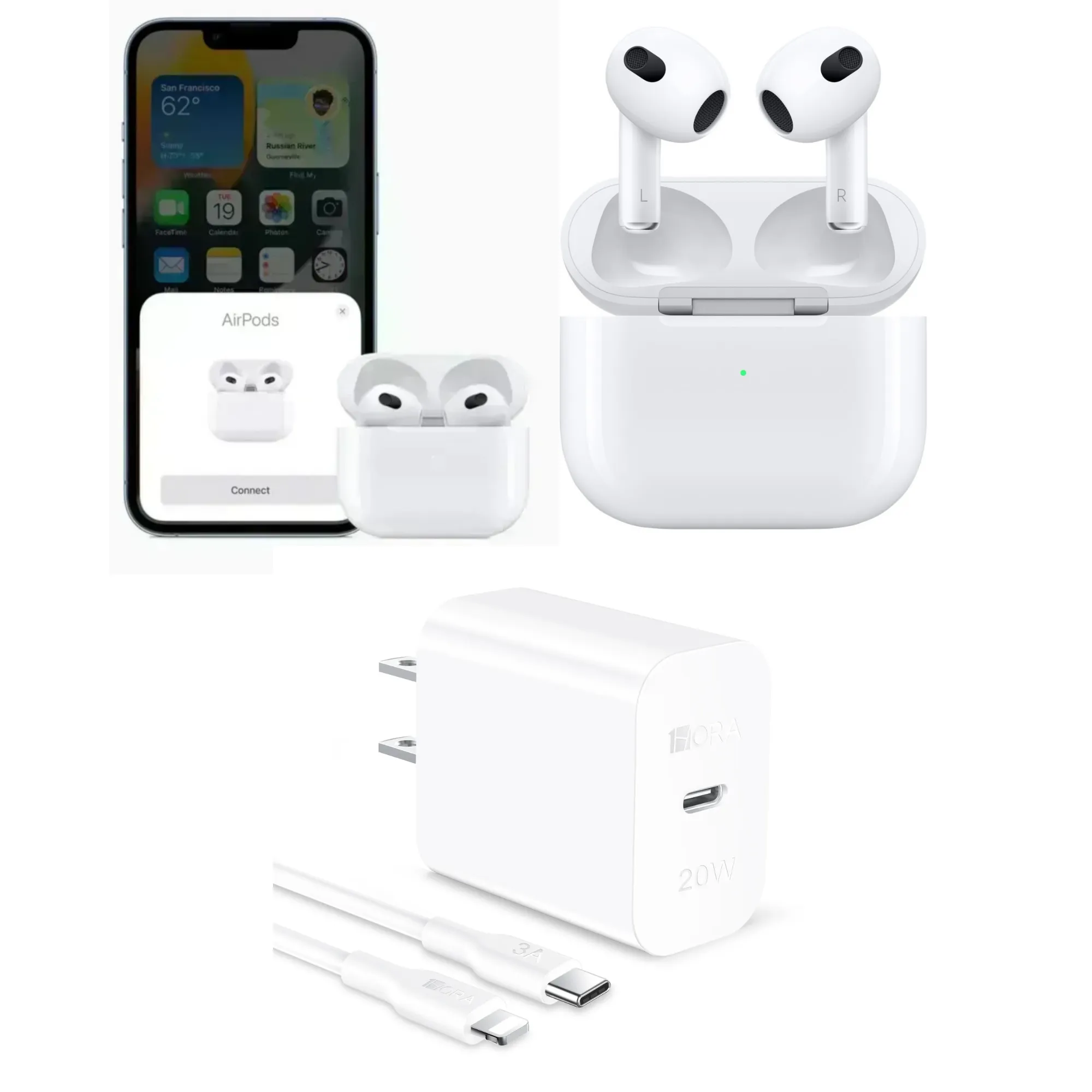 Airpods 3 Audifonos 1.1 + Cargador Iphone Carga Super Rapida Original 1HORA 