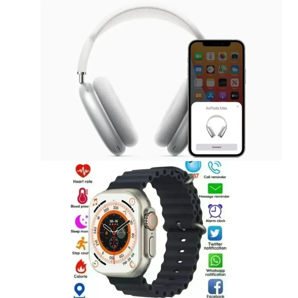 Audifonos Airpods Max Diadema + Smartwatch Ultra 8 2 Manillas 