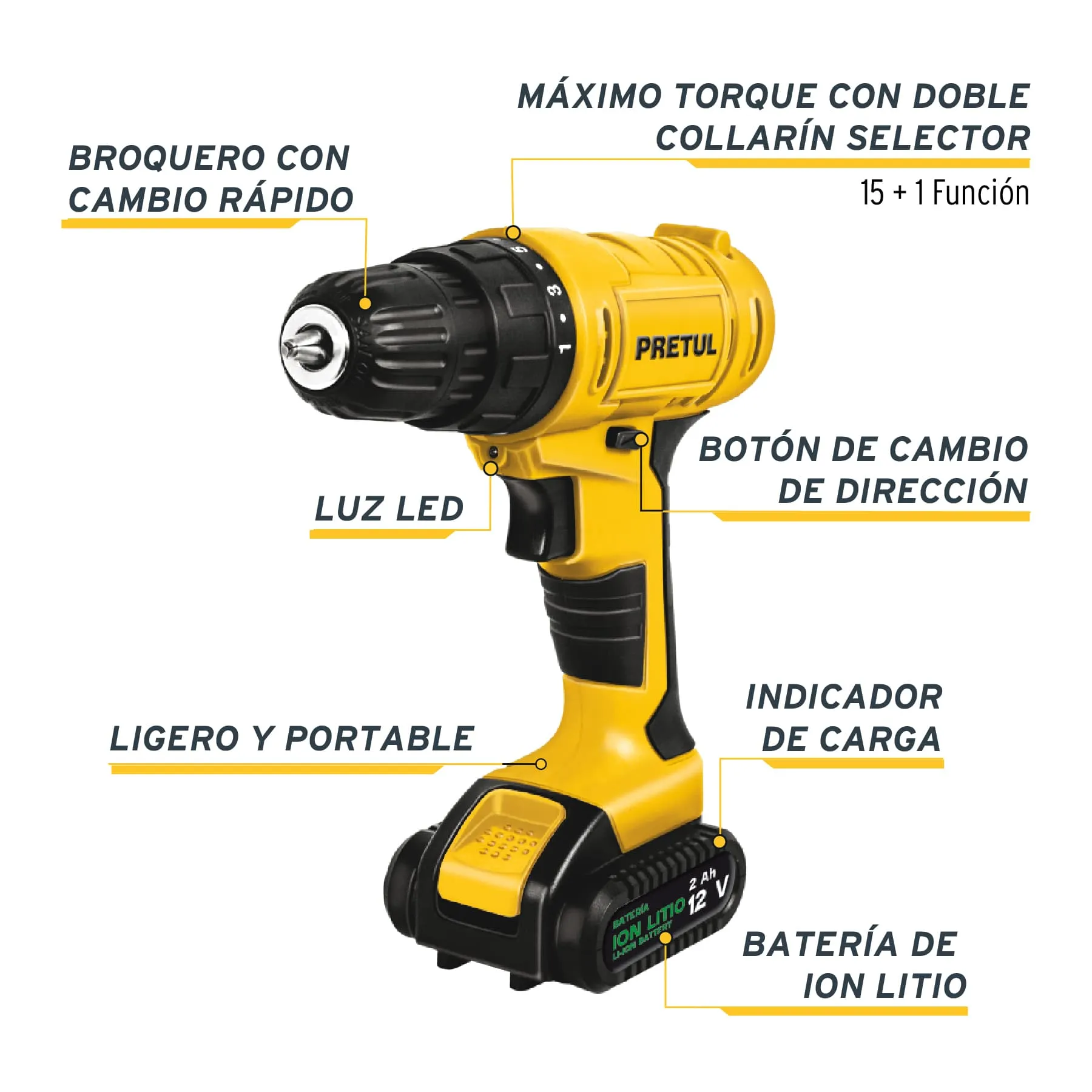 Taladro Atornillador  Inalámbrico Recargable 12V PRETUL 