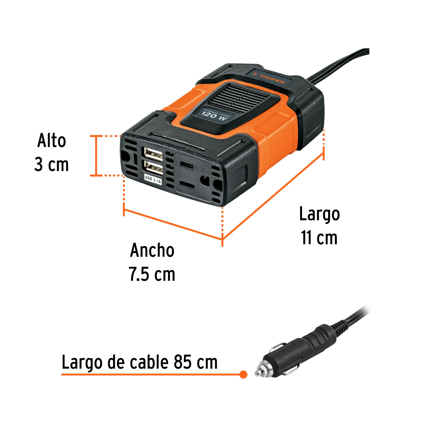 Inversor De Corriente Con Puerto Usb 120W Truper