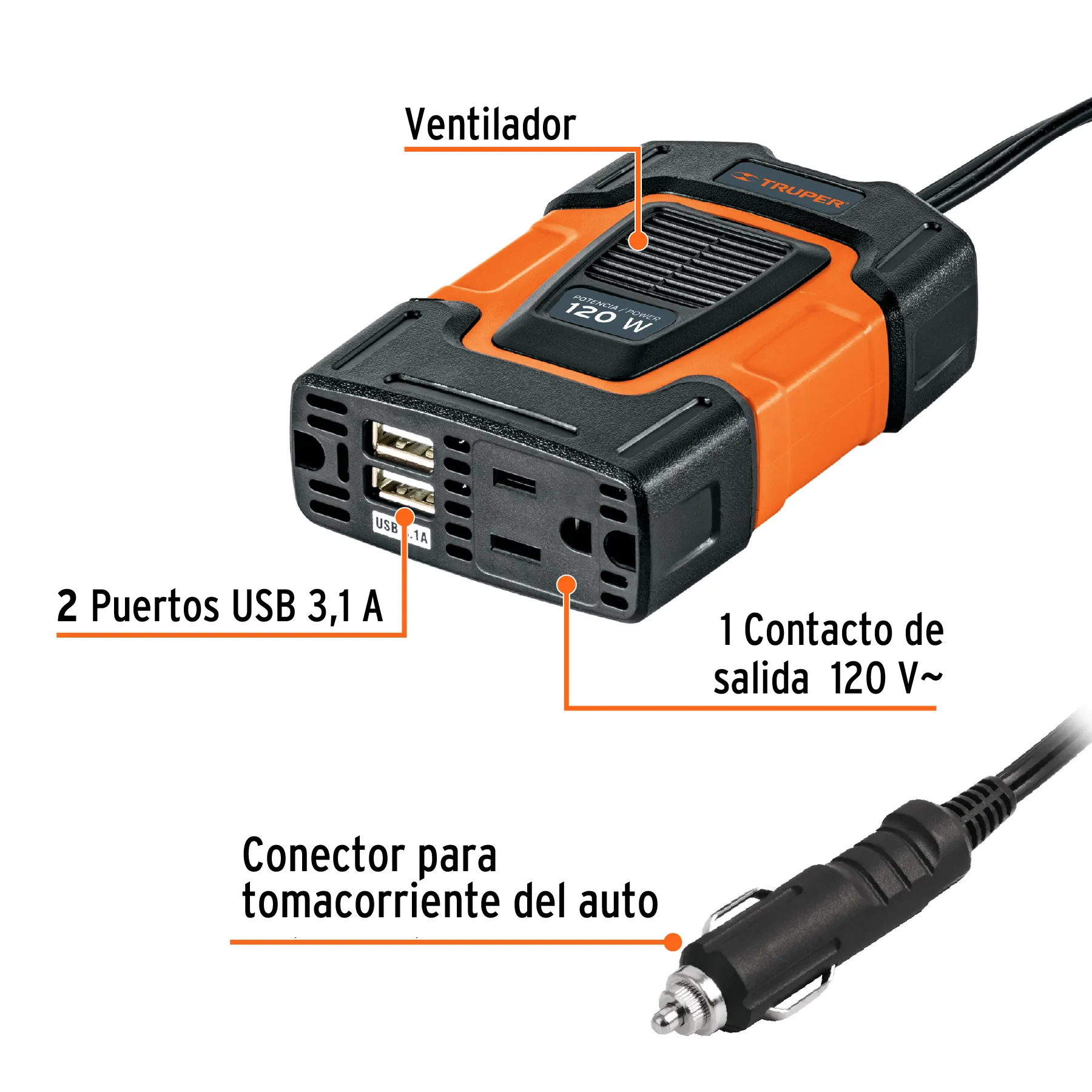 Inversor De Corriente Con Puerto Usb 120W Truper