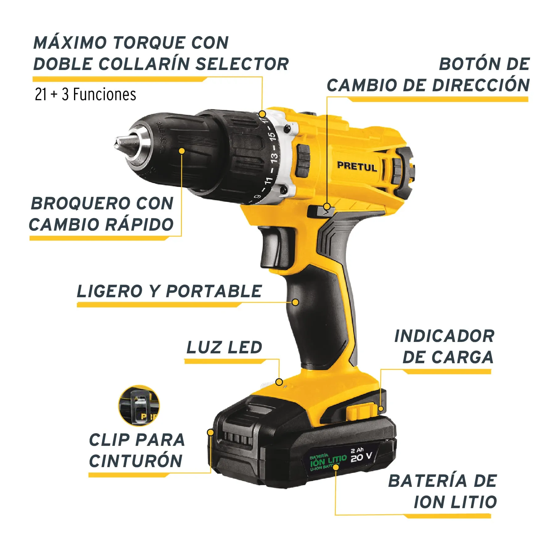 Taladro Atornillador Inalambrico Recargable PRETUL Con Percutor 20V -1/2