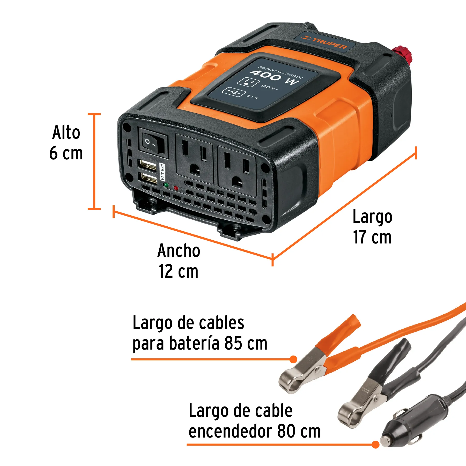 Inversor De Corriente Con Puerto Usb 400W Truper