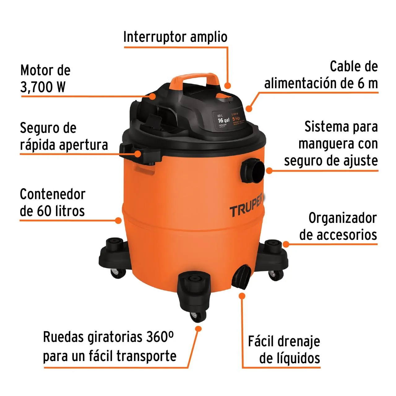 	 Aspiradora Plástica Truper 60 Litros Solidos Y Líquidos + Accesorios