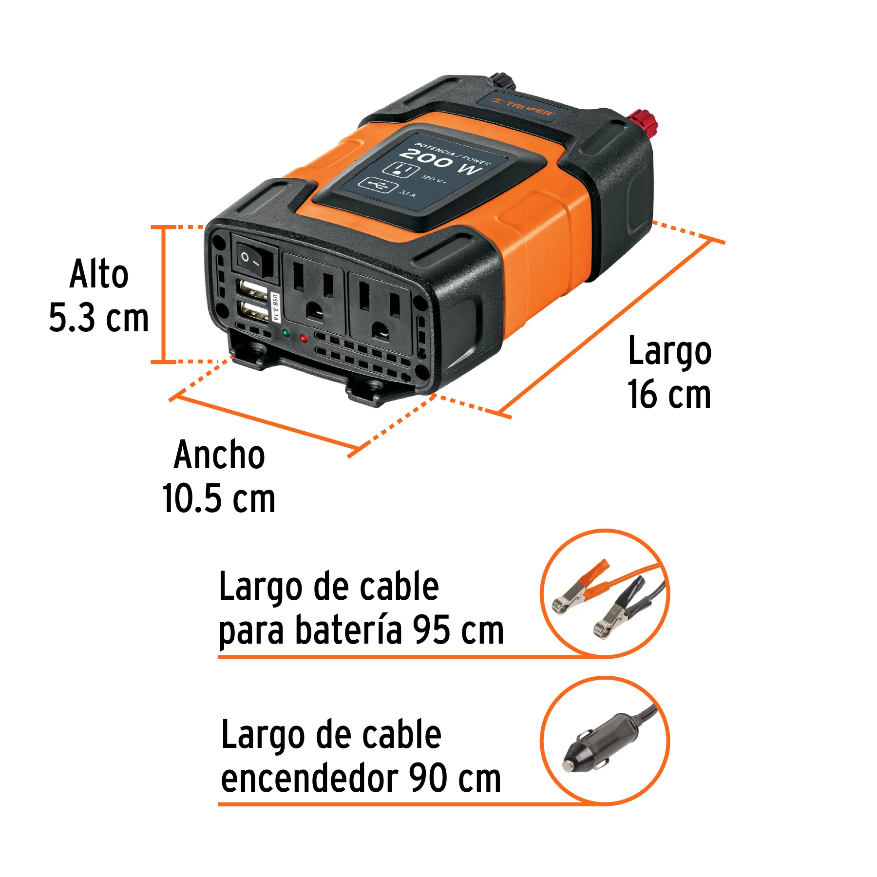 Inversor De Corriente Con Puerto Usb 200W Truper