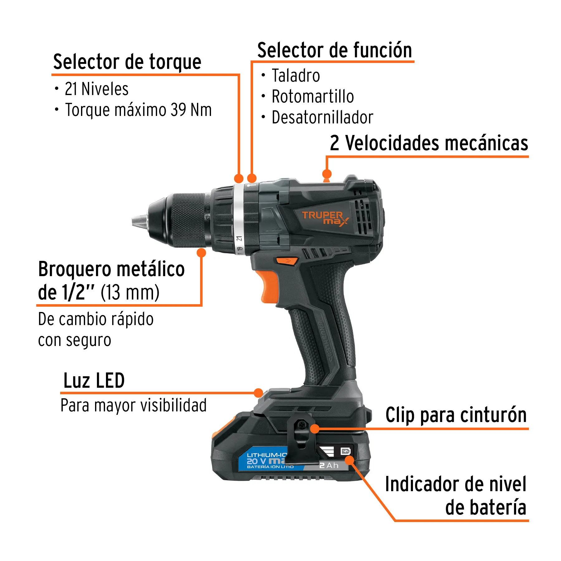 Taladro Percutor Inalambrico 1/2 Con Accesorios 20V Truper Max