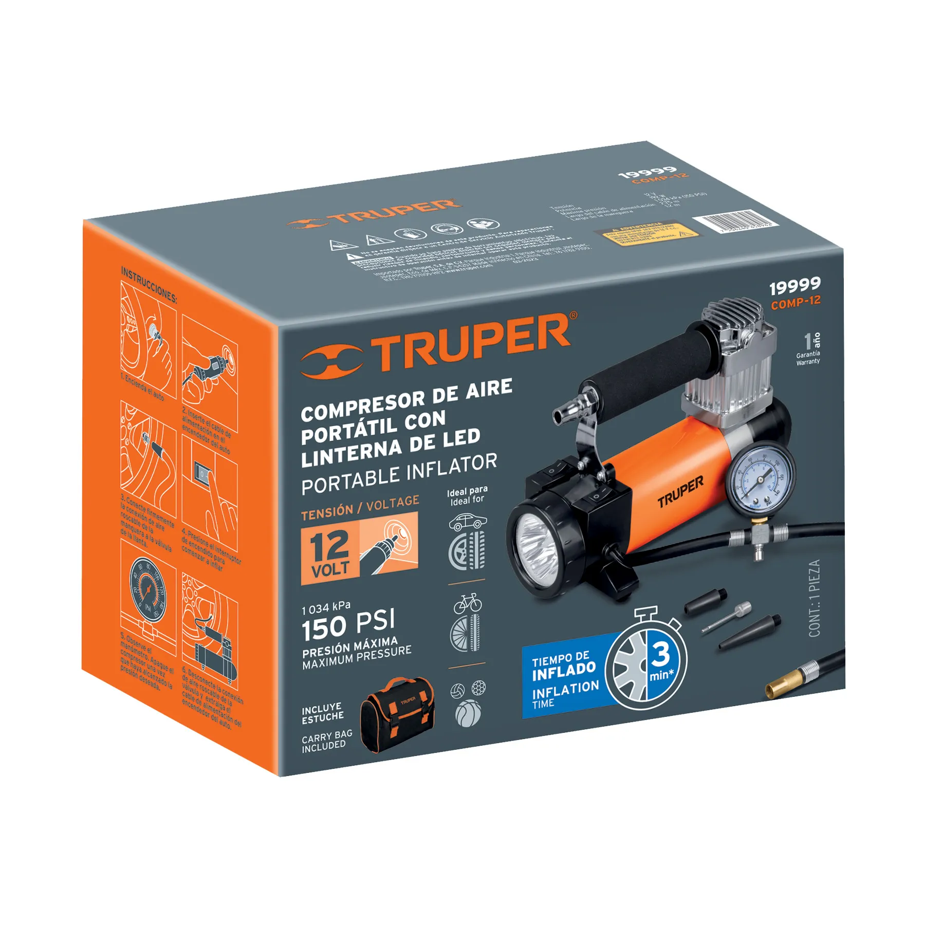 Compresor De Aire Para Auto Multiusos 12V Truper + Maletin