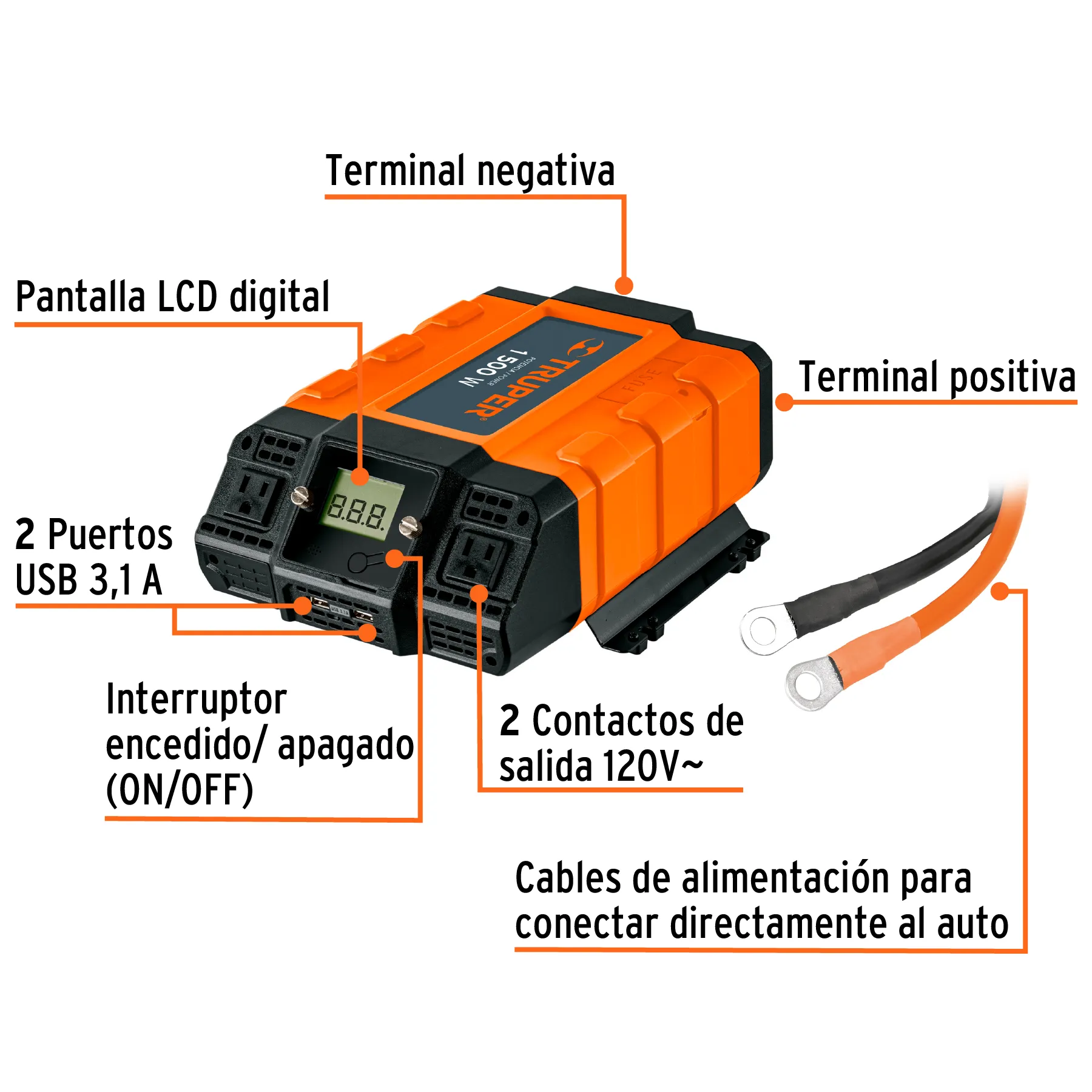 Inversor De Corriente Con Puerto Usb 1500W Truper