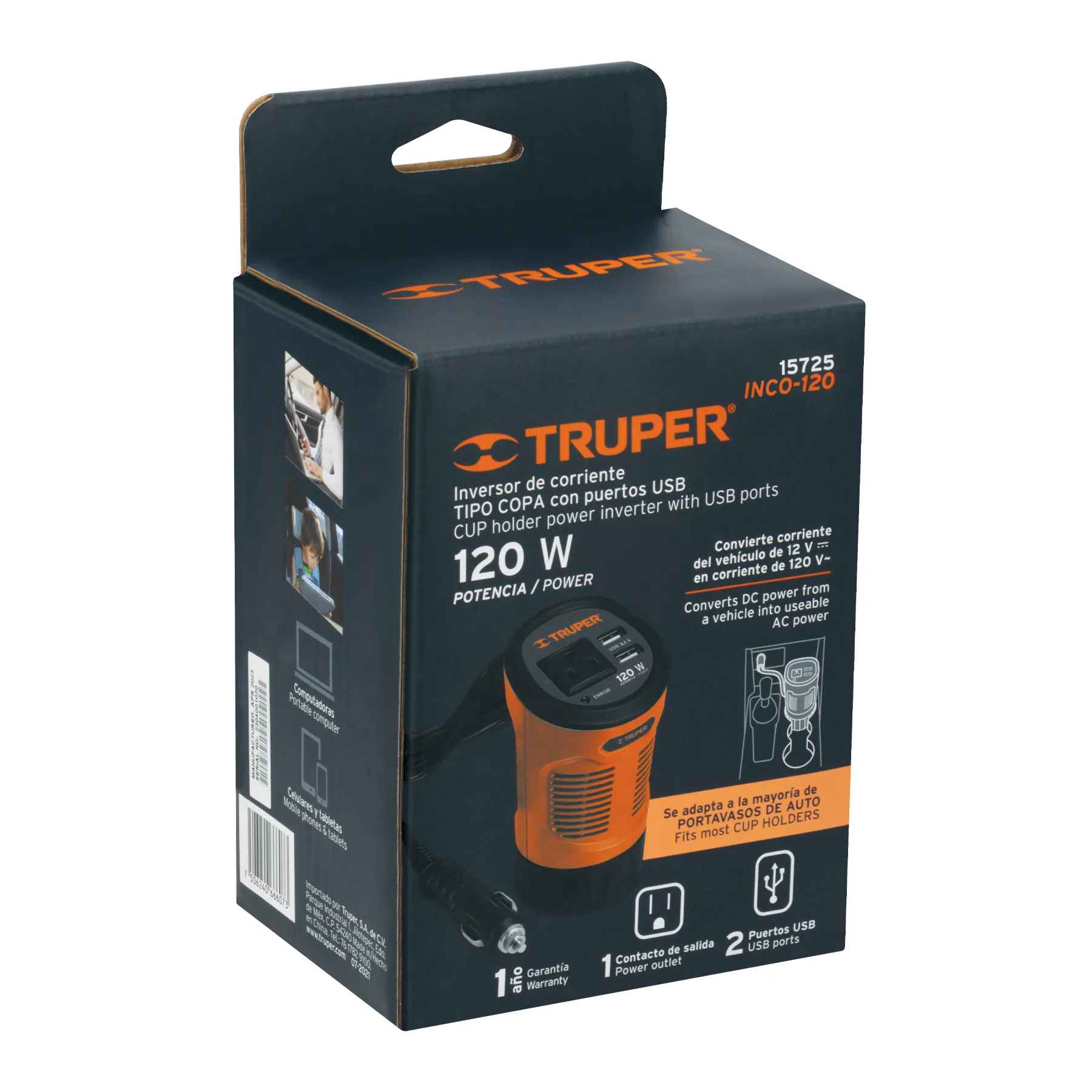 Inversor De Corriente Carro 12v A 110v / 120 W Tipo Vaso, 2 Puertos USB Truper