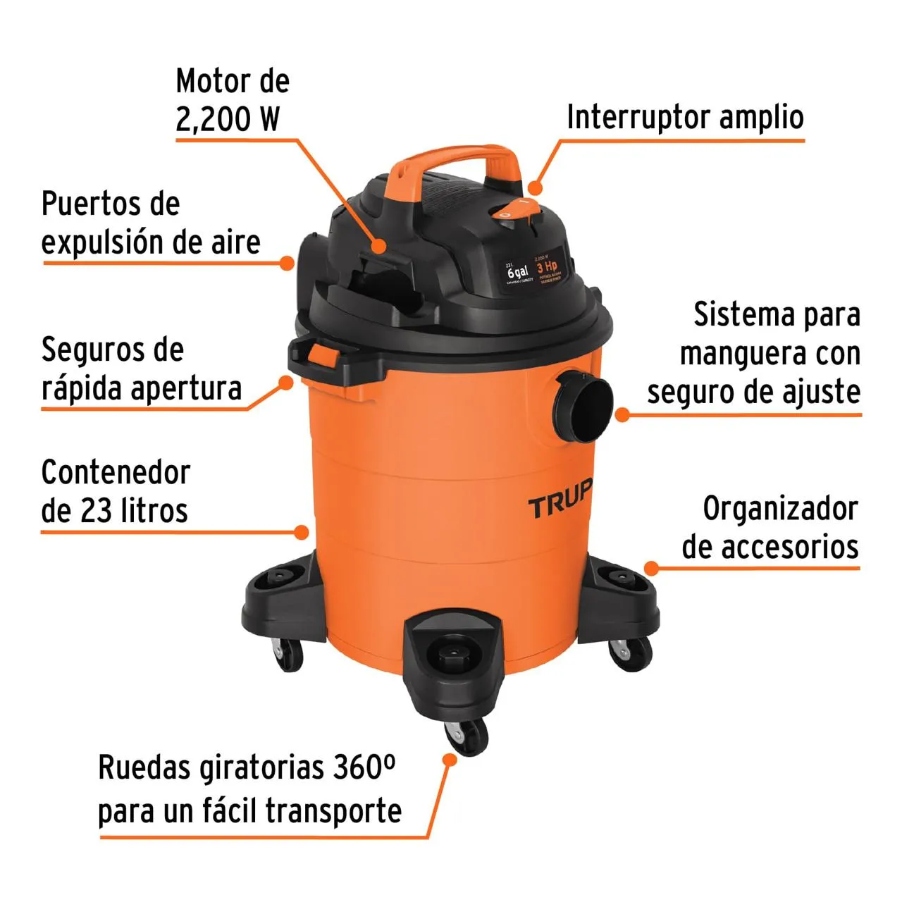 	 Aspiradora Plástica Truper 23 Litros Solidos Y Líquidos + Accesorios