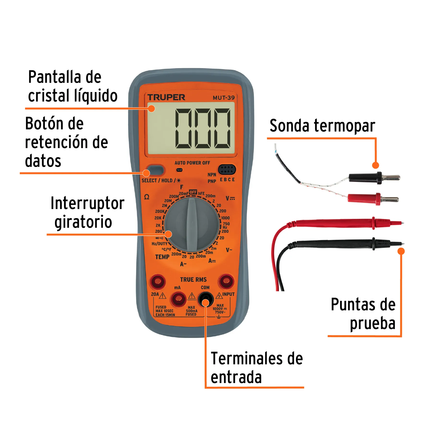 Multimetro Digital Profesional Con RMS  MTU-39 Truper