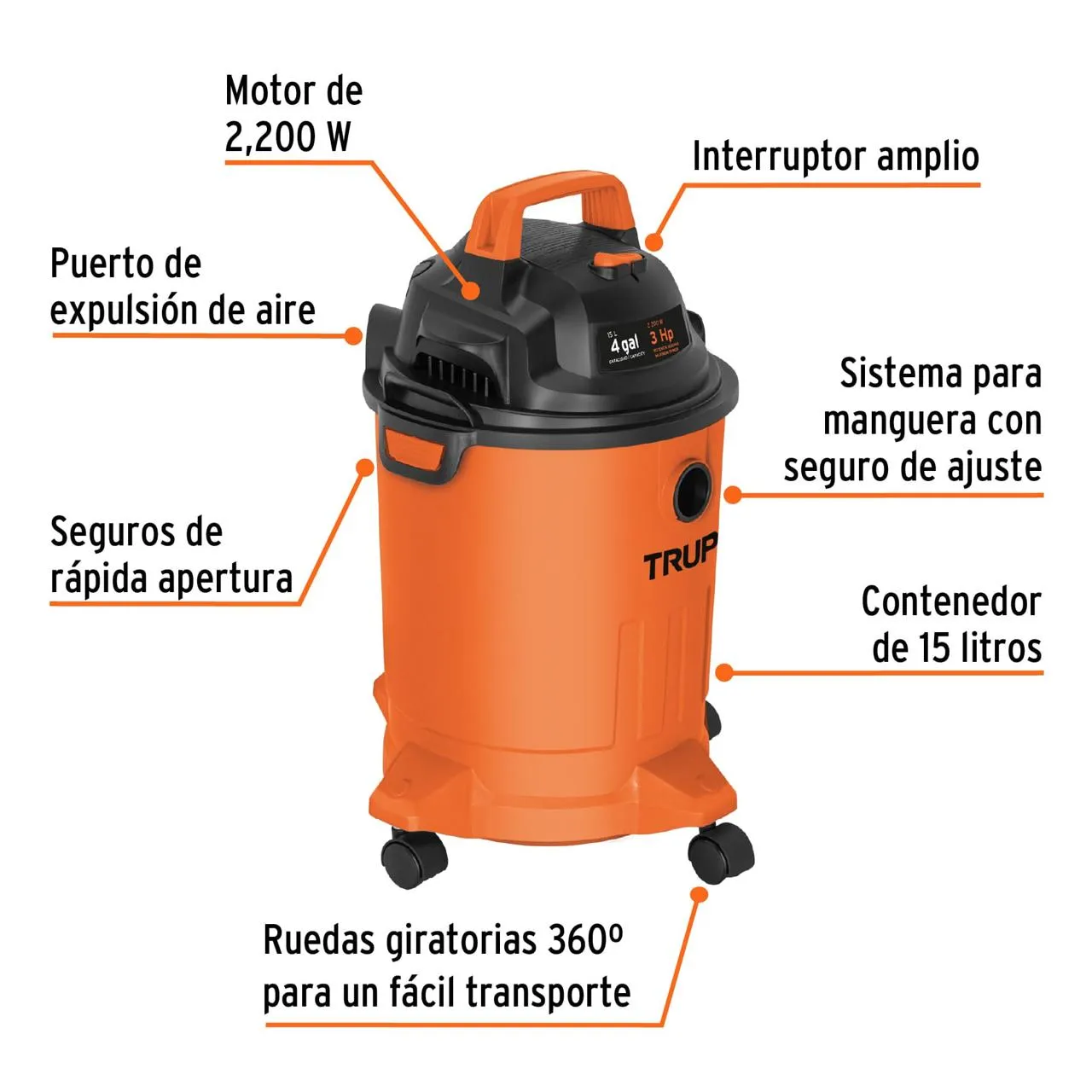 	 Aspiradora Plástica Truper 15 Litros Solidos Y Líquidos + Accesorios