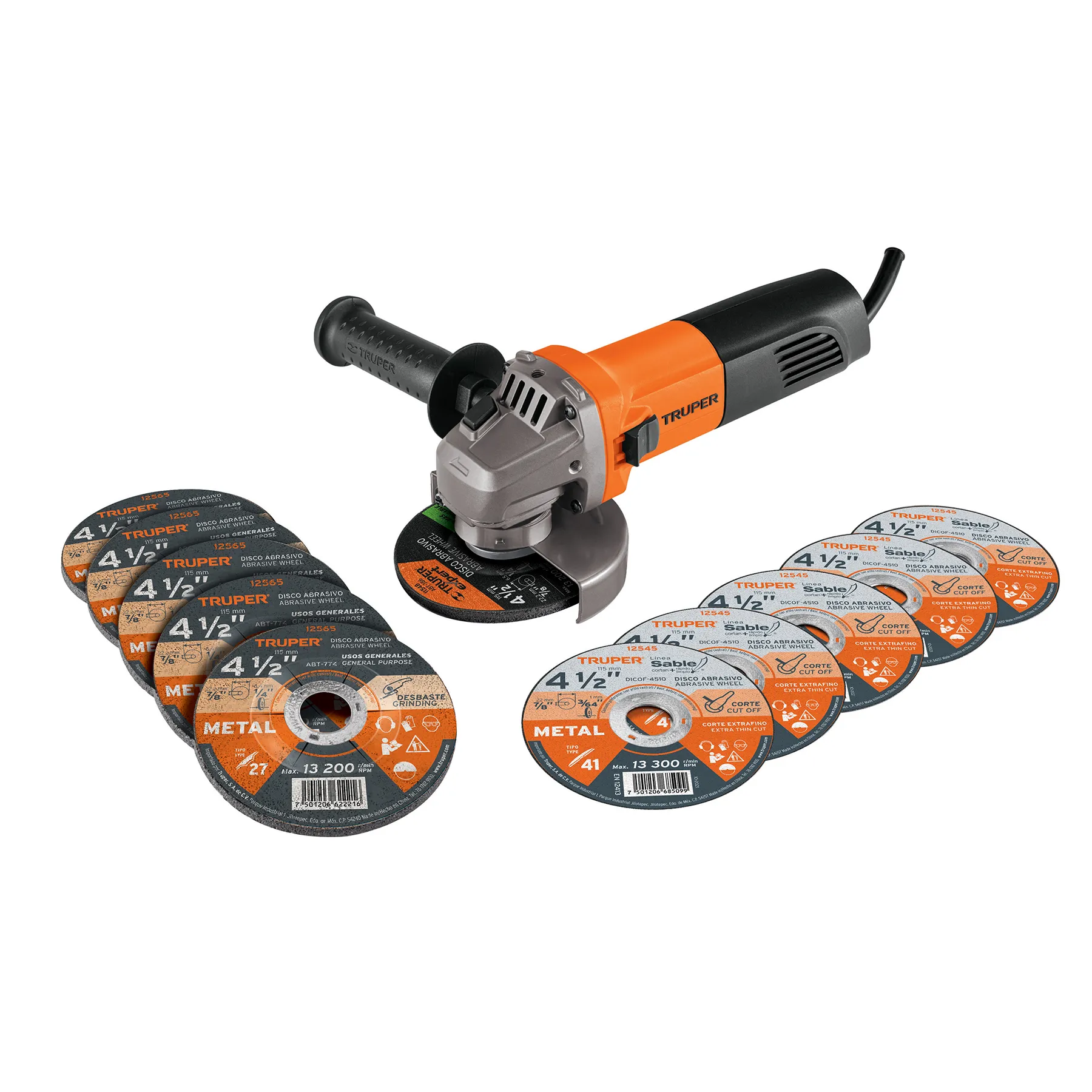 Combo De Pulidora 4 1/2"  800W + 11 Discos Corte Y Desbaste Truper