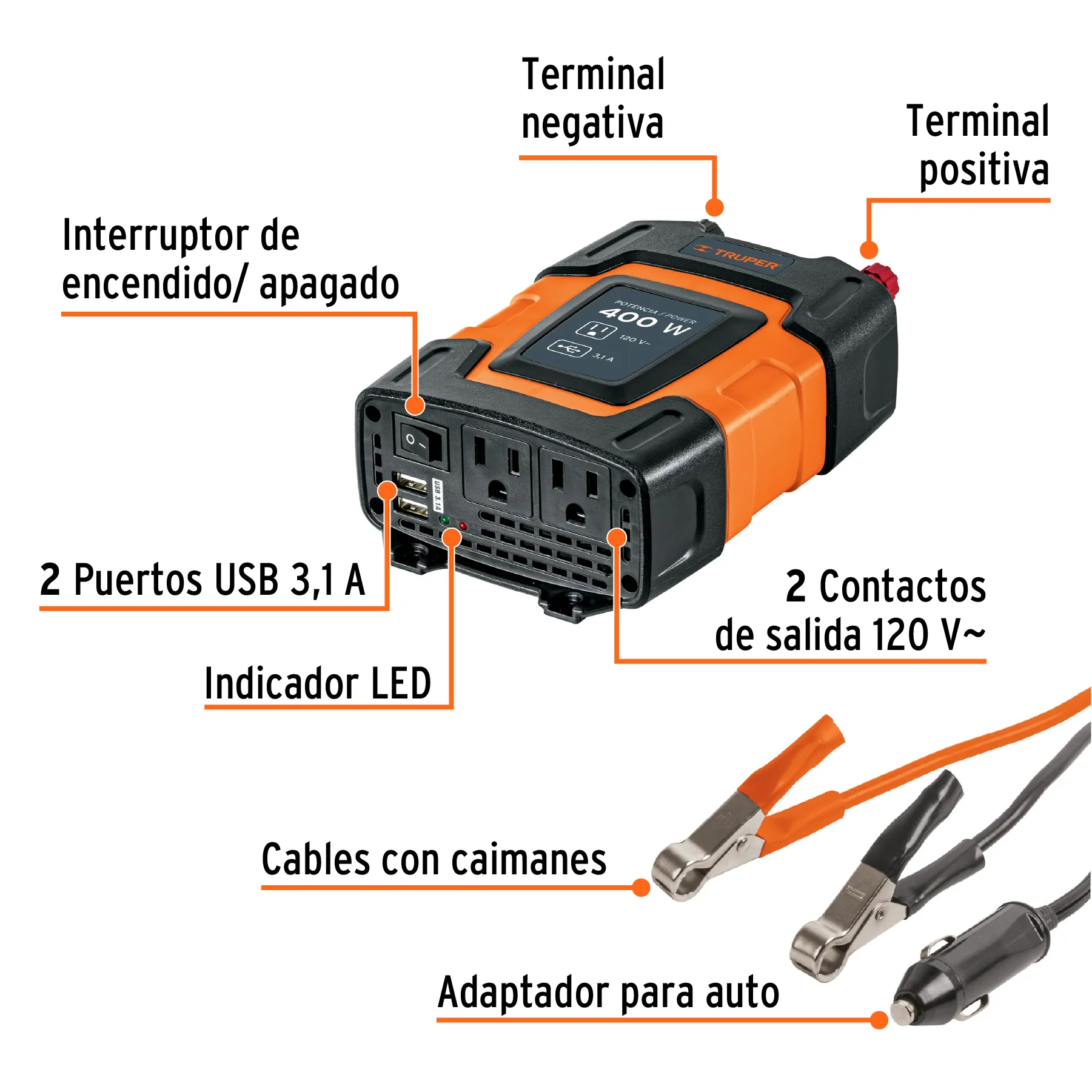 Inversor De Corriente Con Puerto Usb 400W Truper