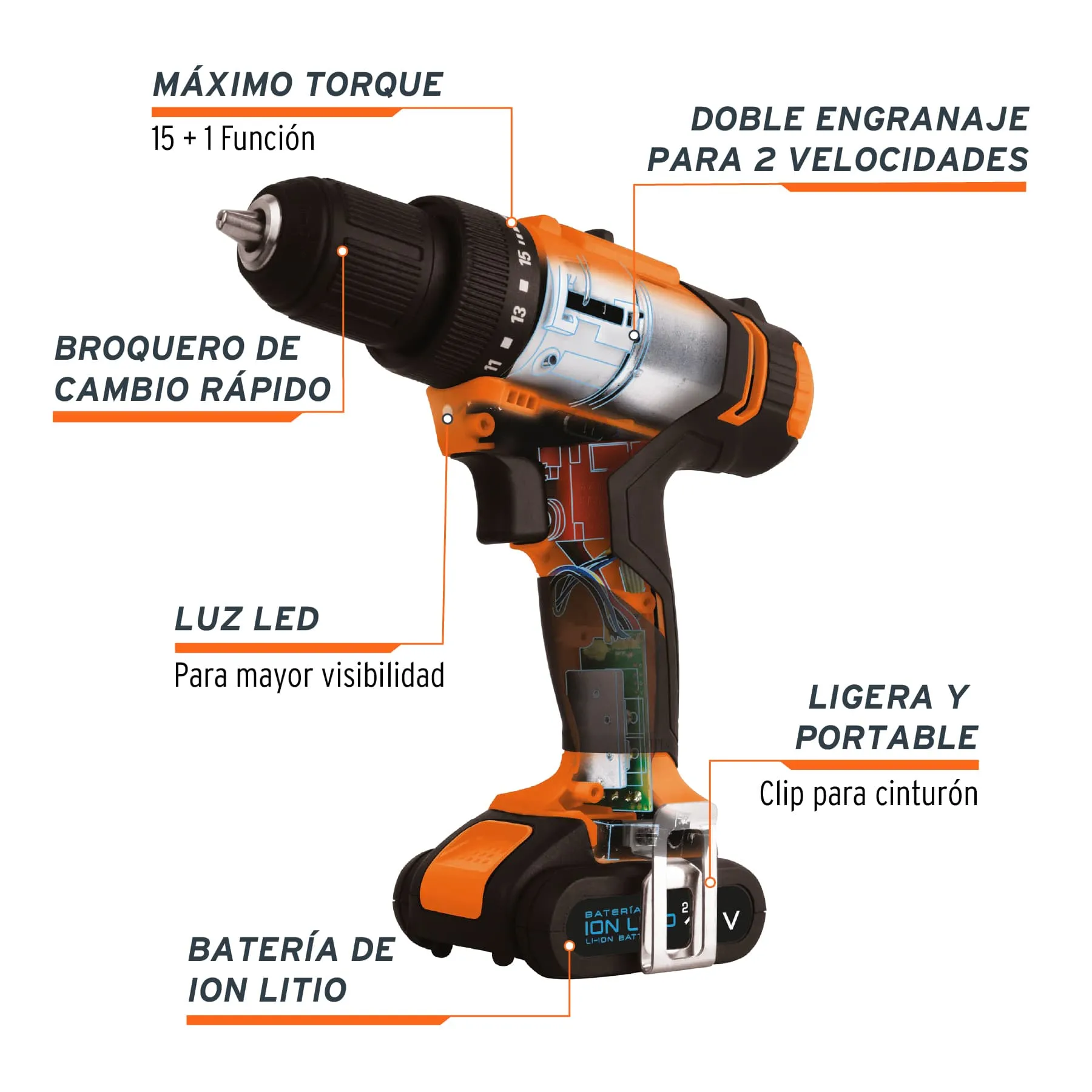 Taladro Atornillador Inalámbrico Profesional 3/8" Recargable 12V Truper 