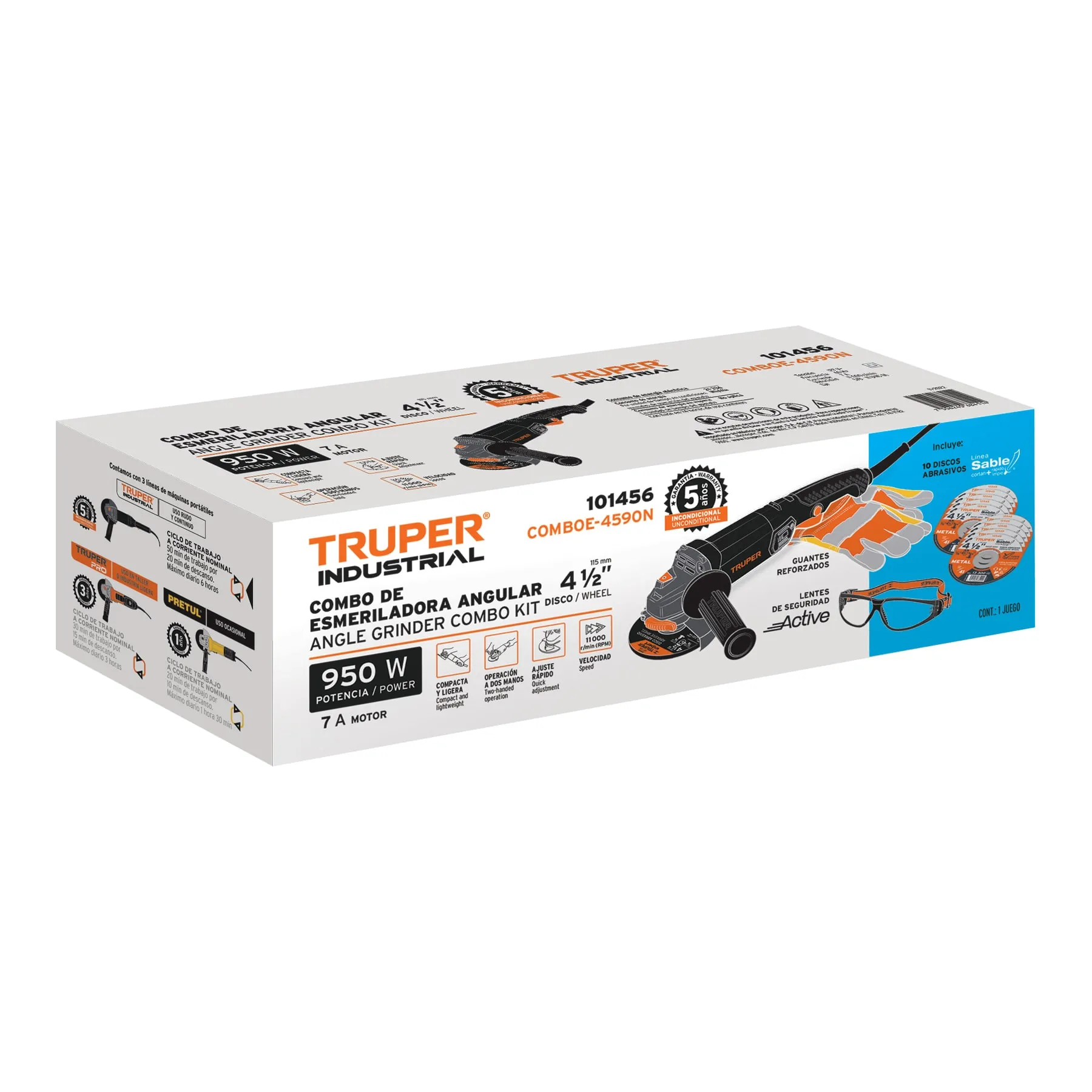 Pulidora Truper 4 1/2"  950W  + 11 Discos Guantes Y Gafas