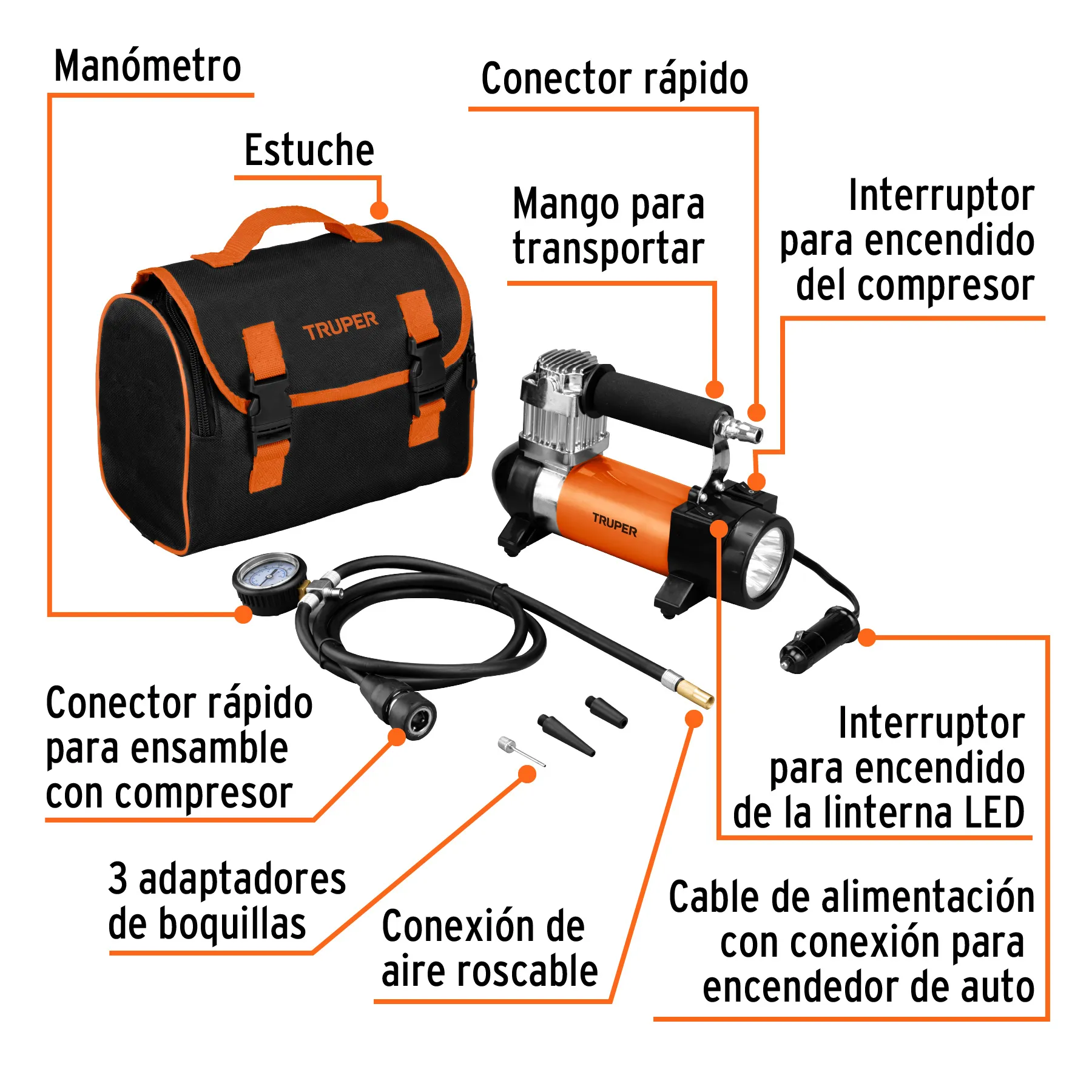 Compresor De Aire Para Auto Multiusos 12V Truper + Maletin