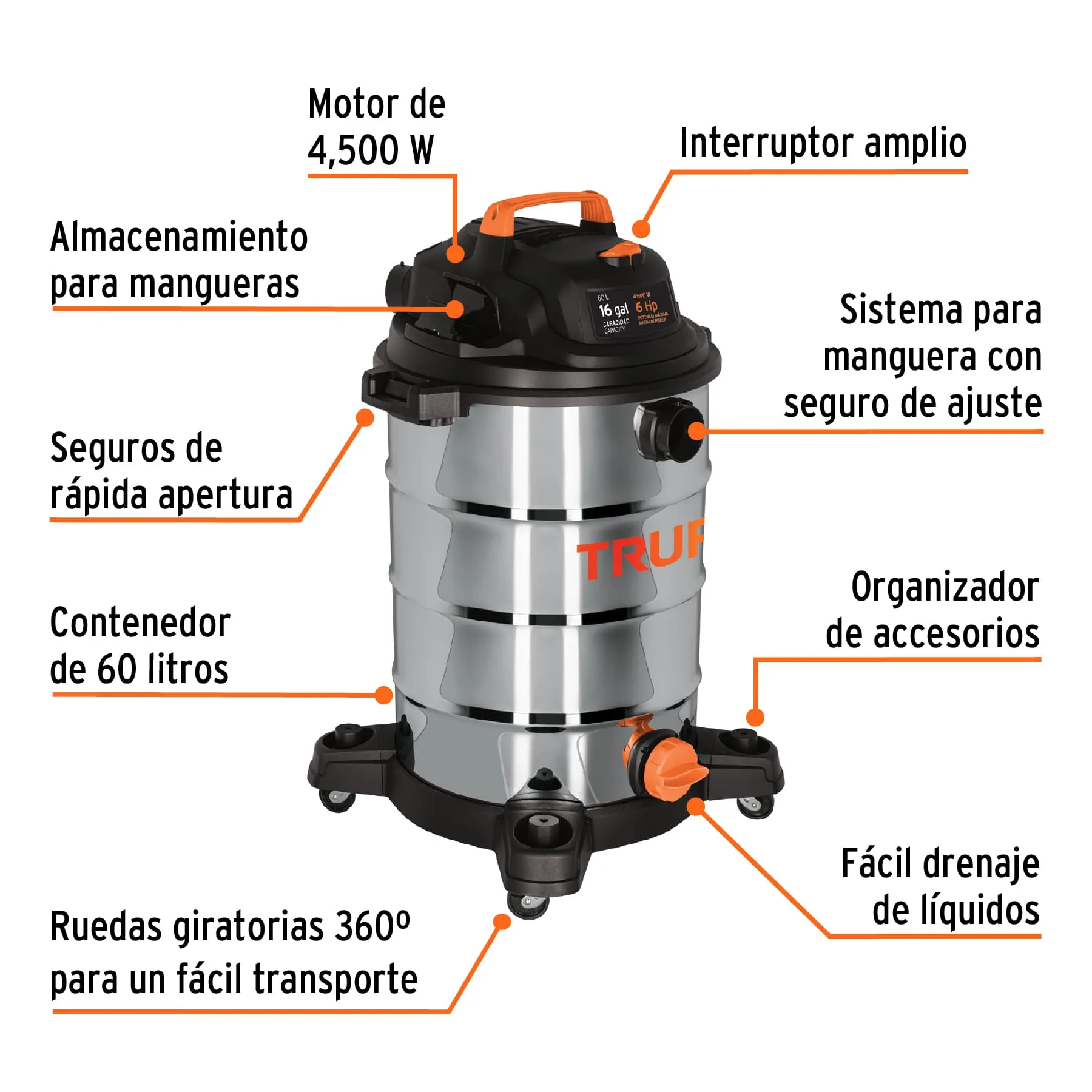 Aspiradora Industrial En Acero Inoxidable Truper 60 Litros Solidos Y Líquidos + Accesorios