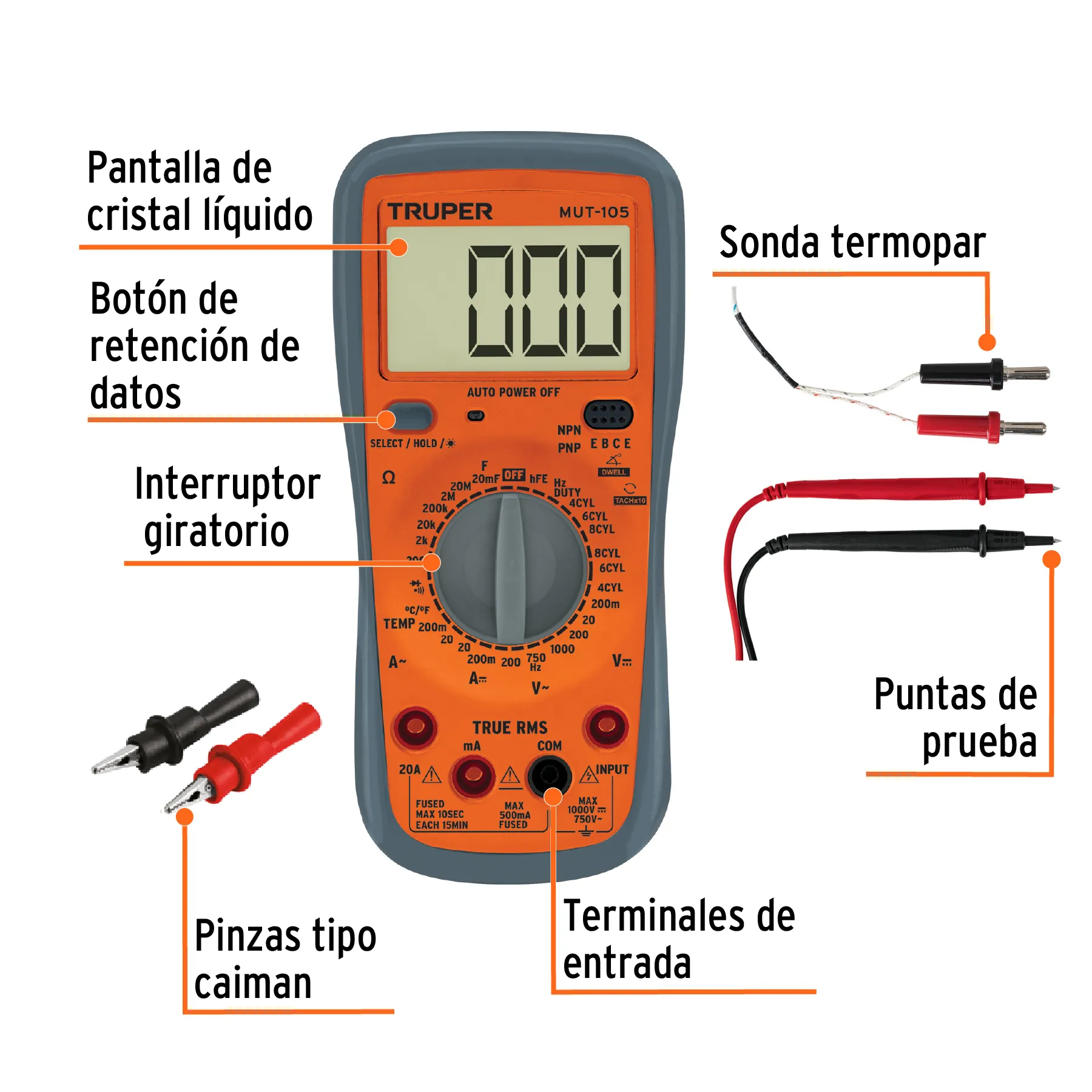 Multimetro Digital Automotriz  Profesional Con RMS MTU-105 Truper