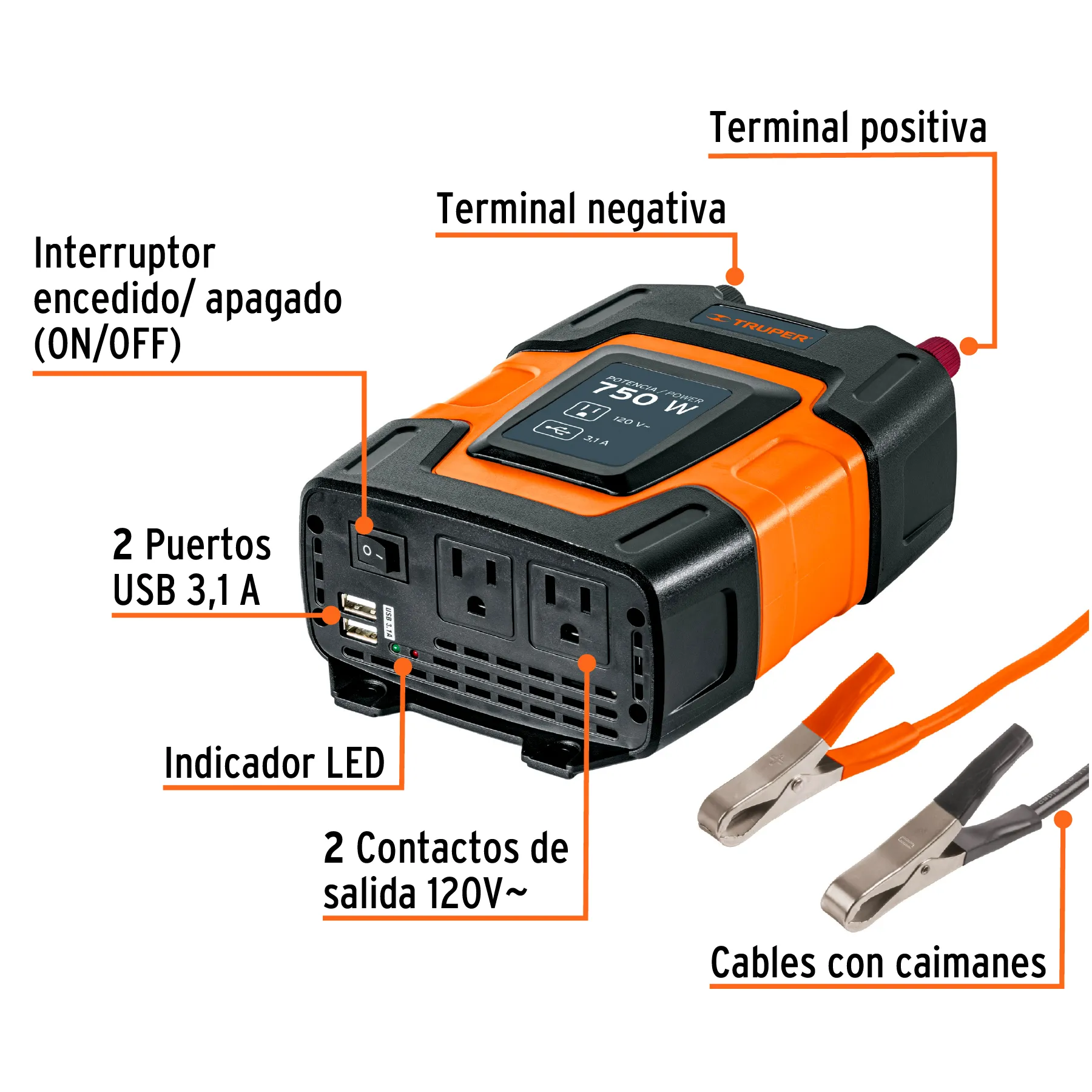 Inversor De Corriente Con Puerto Usb 750W Truper