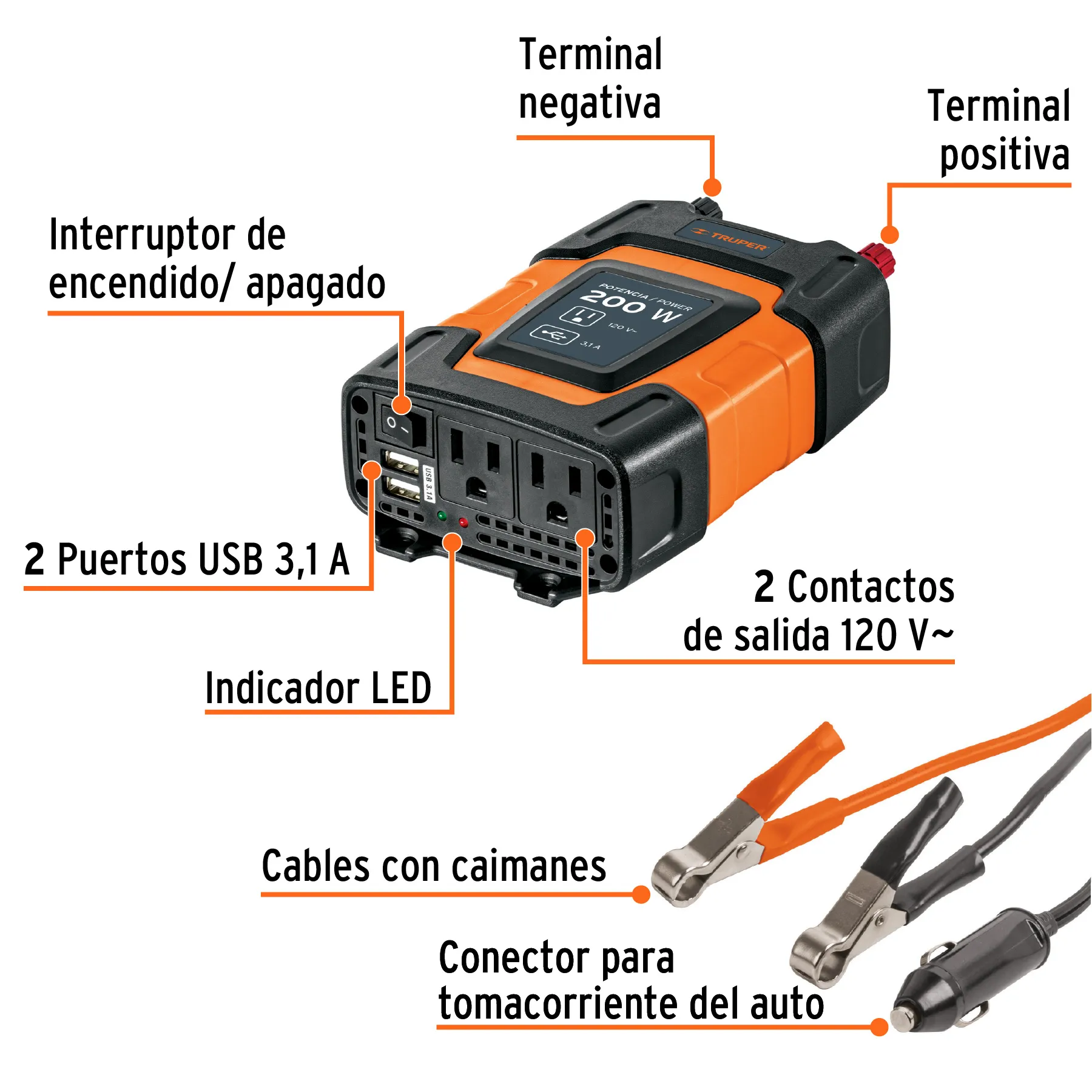 Inversor De Corriente Con Puerto Usb 200W Truper