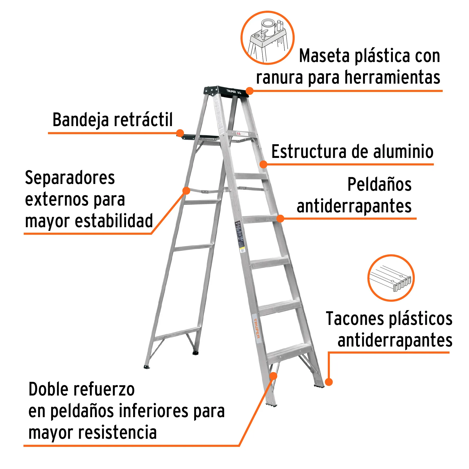 Escalera De 7 Escalones - 6 Peldaños Con Bandeja Tipo 3 Truper 