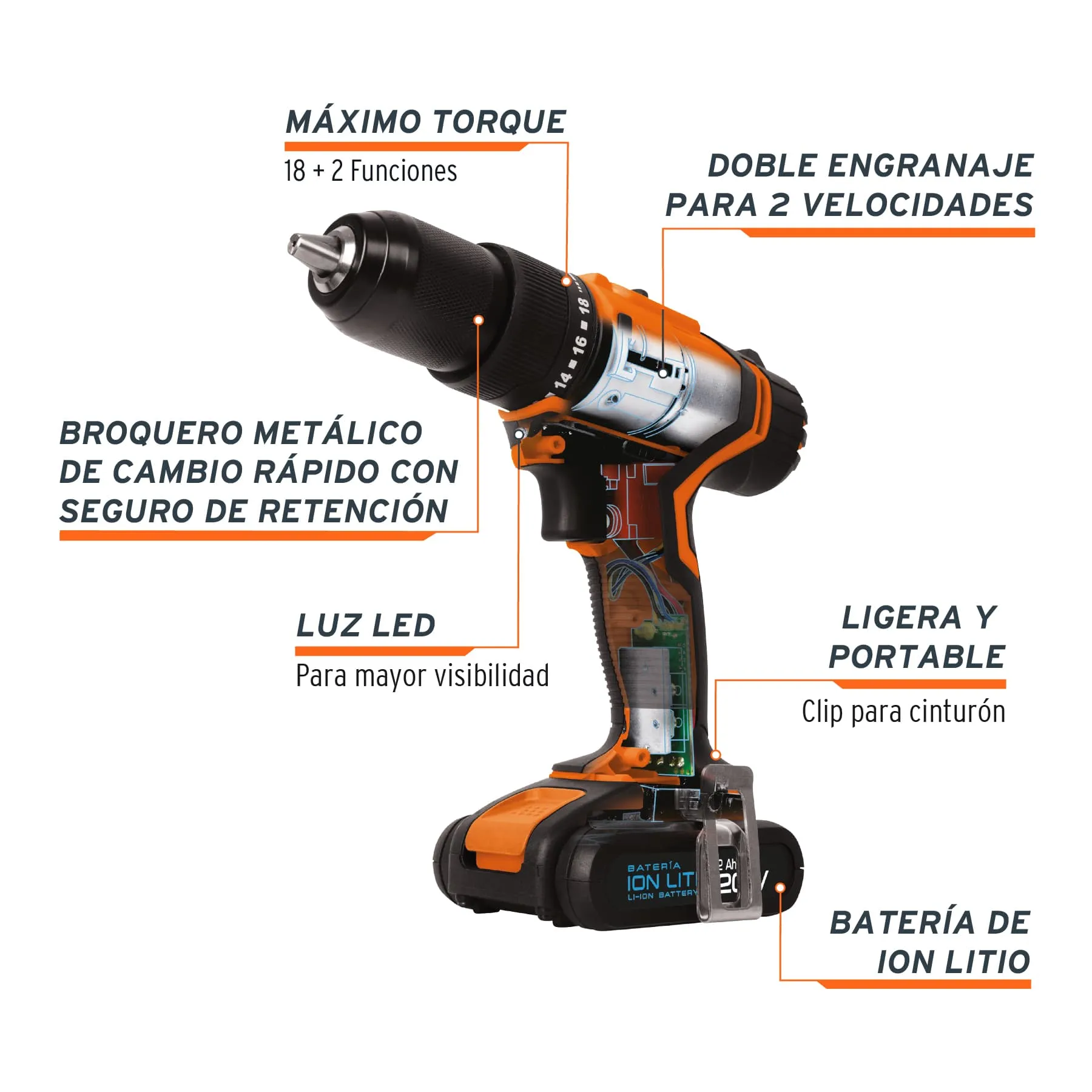 Taladro Atornillador Inalámbrico Profesional 1/2" Recargable 20V Truper 