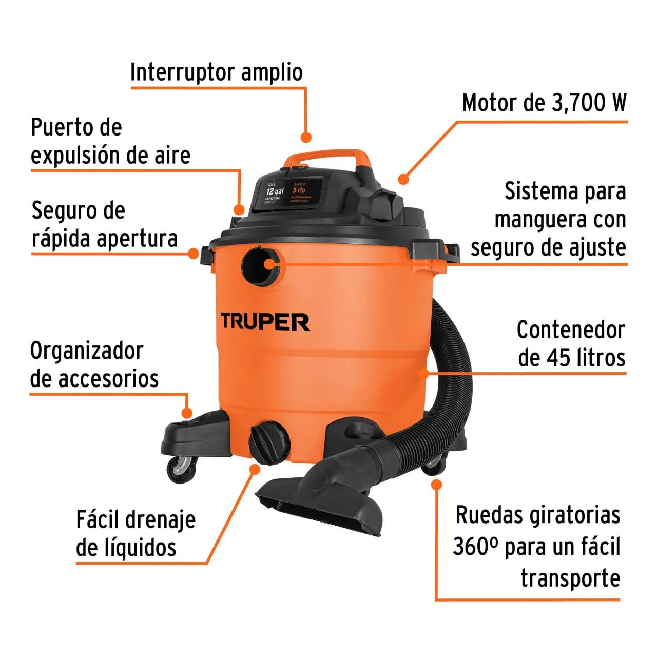 	 Aspiradora Plástica Truper 45 Litros Solidos Y Líquidos + Accesorios