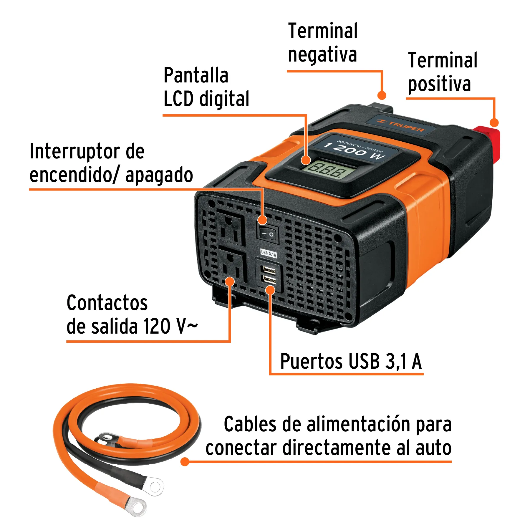 Inversor De Corriente Con Puerto Usb 1200W Truper