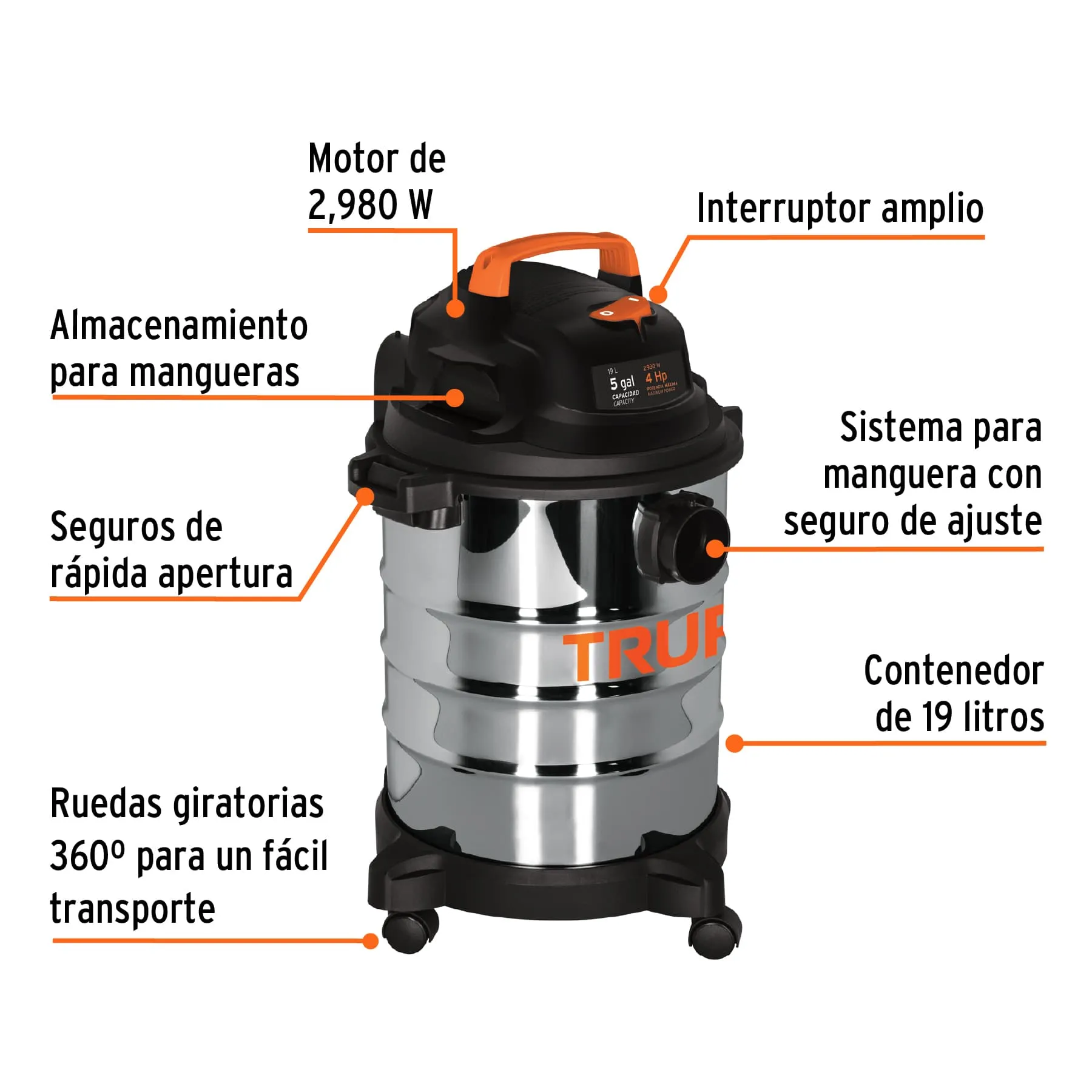 Aspiradora Industrial En Acero Inoxidable Truper 19 Litros Solidos Y Líquidos + Accesorios