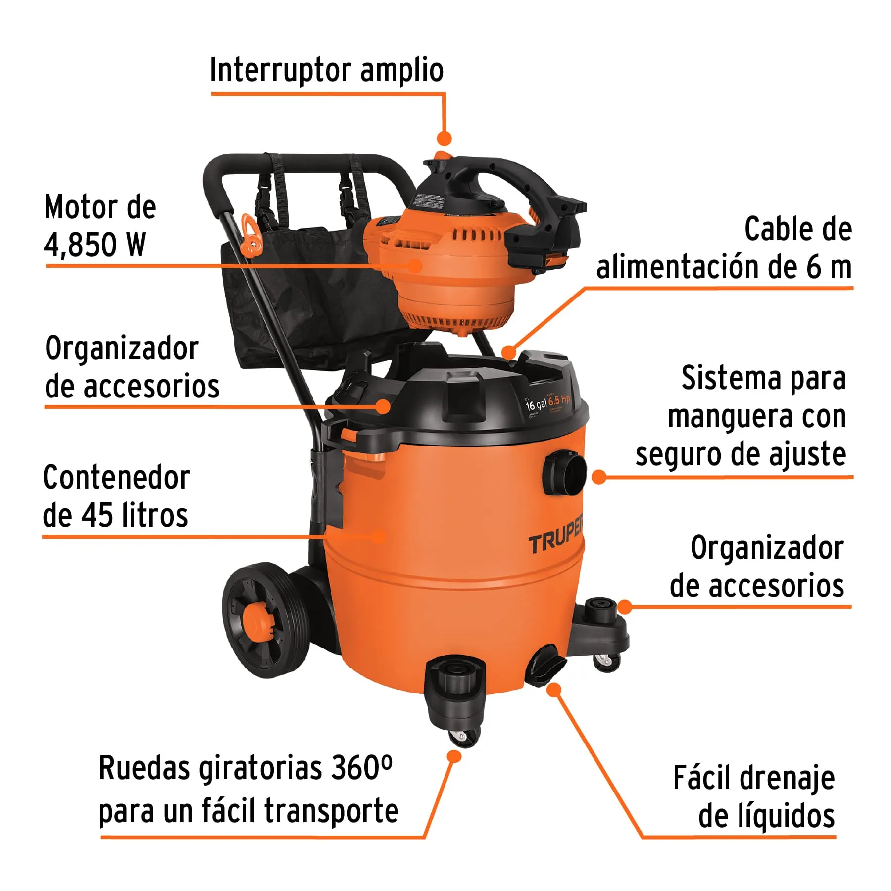 Aspiradora Y Sopladora 2 En 1 Sólidos Y Líquidos Capacidad 60 Litros Truper