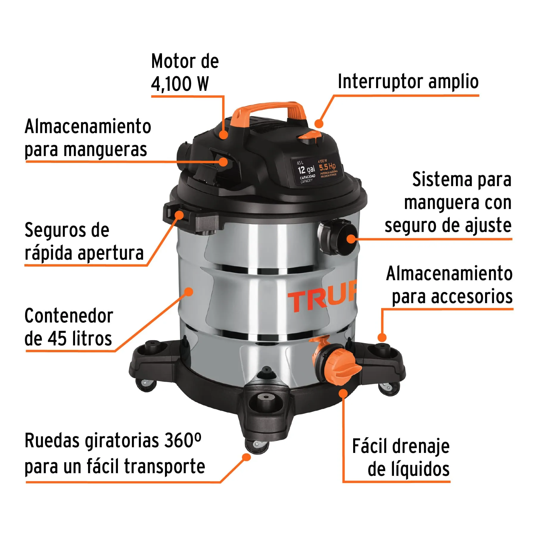 Aspiradora Industrial En Acero Inoxidable Truper 45 Litros Solidos Y Líquidos + Accesorios