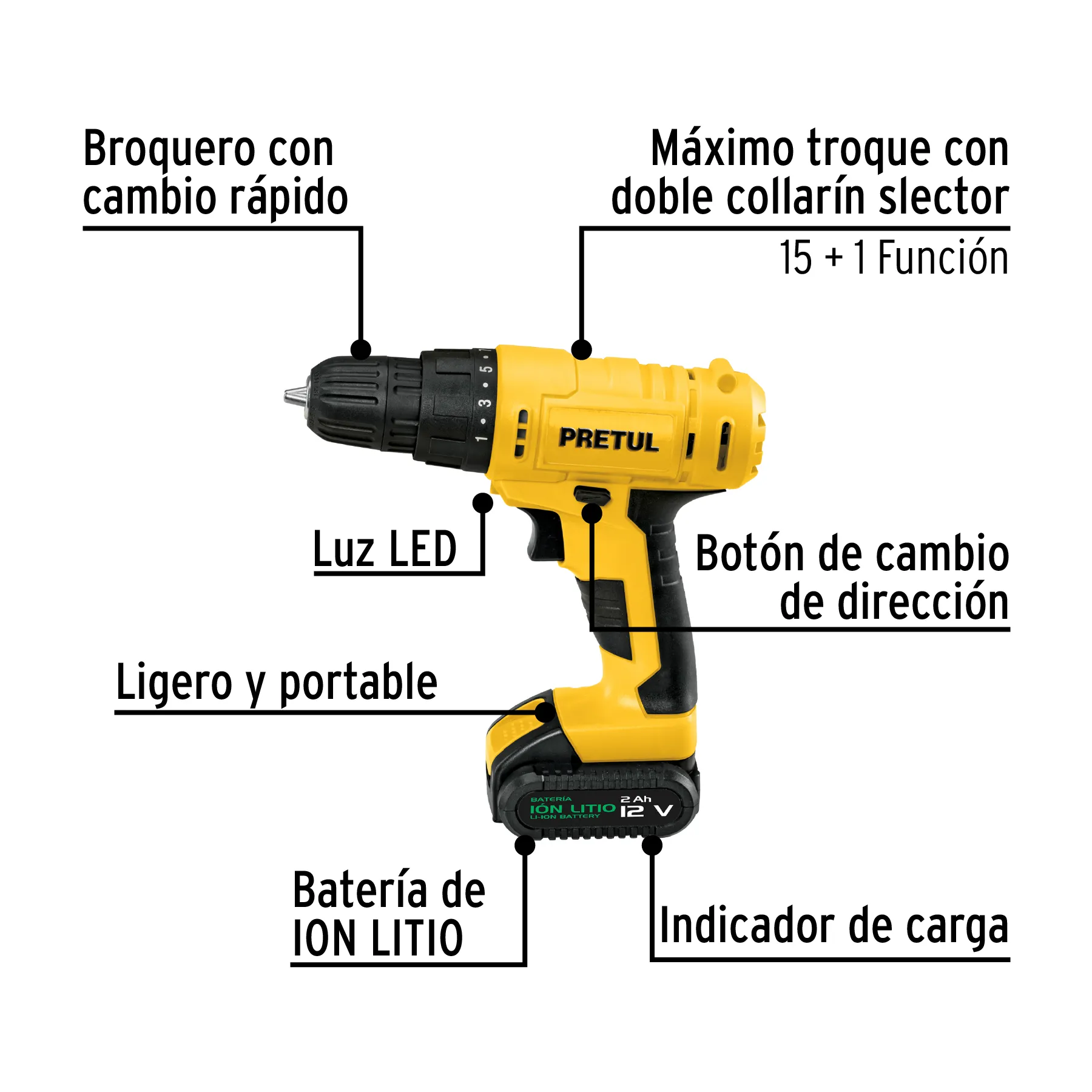 Taladro Inalámbrico 3/8" 12 V Pretul