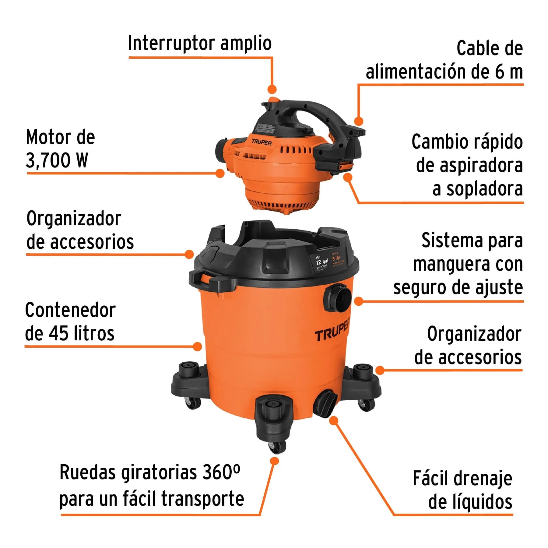 Aspiradora / Sopladora De Sólidos Y Líquidos 12 Gal Plástica Truper