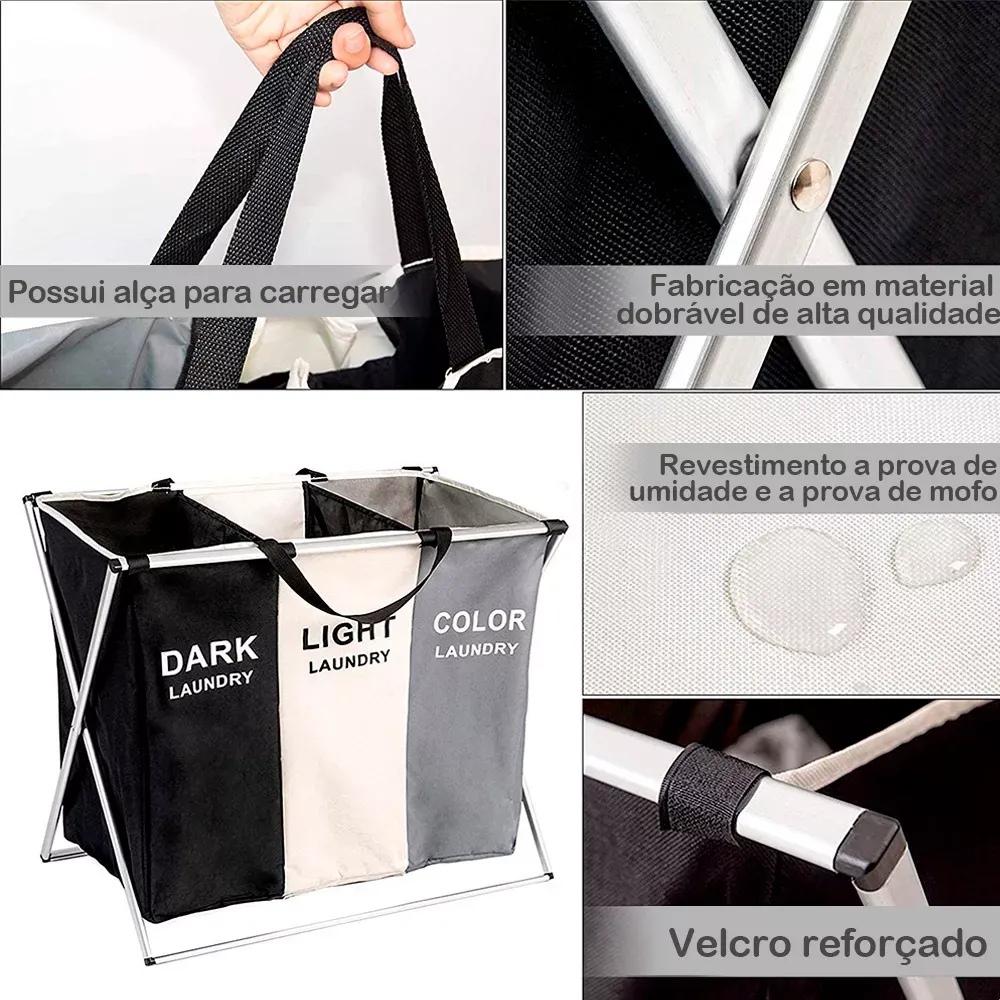 Organizador de cestas de lavandería plegable con 3 separadores, color gris/blanco/negro