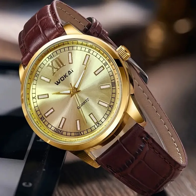 Reloj Dorado Para Hombres WOKAI Correa De Cuero PU