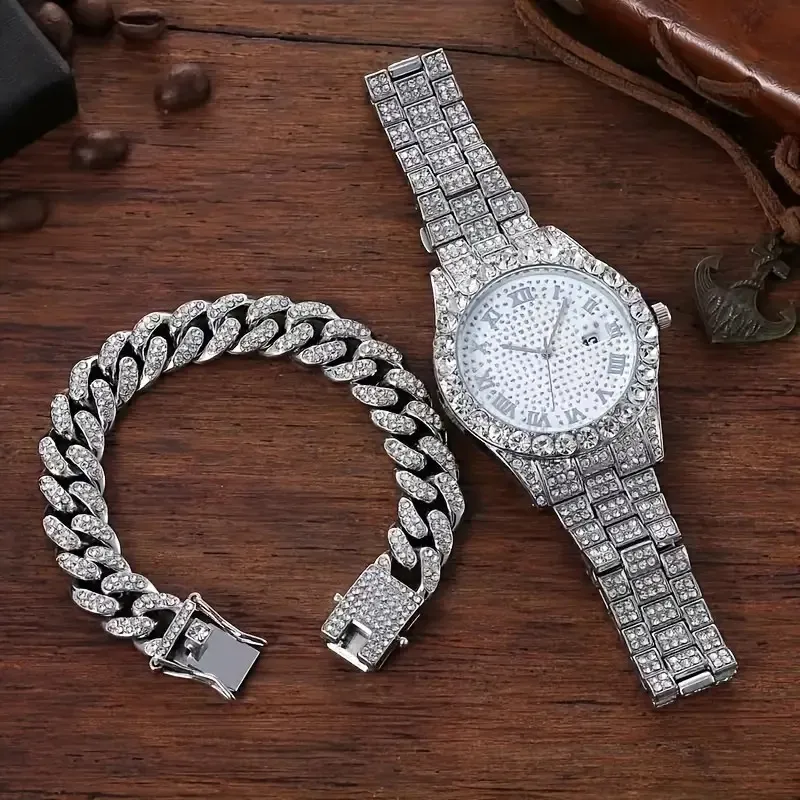 Reloj Diamante Y Pulsera De Lujo Conjunto De 2 Piezas