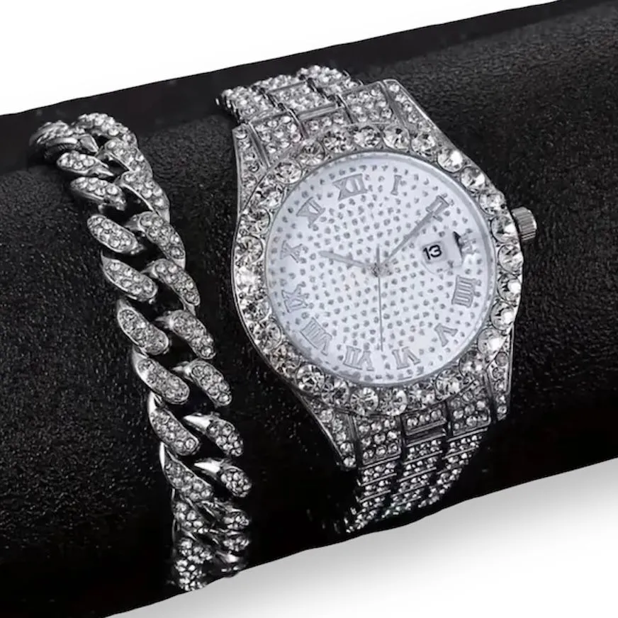 Reloj Diamante Y Pulsera De Lujo Conjunto De 2 Piezas