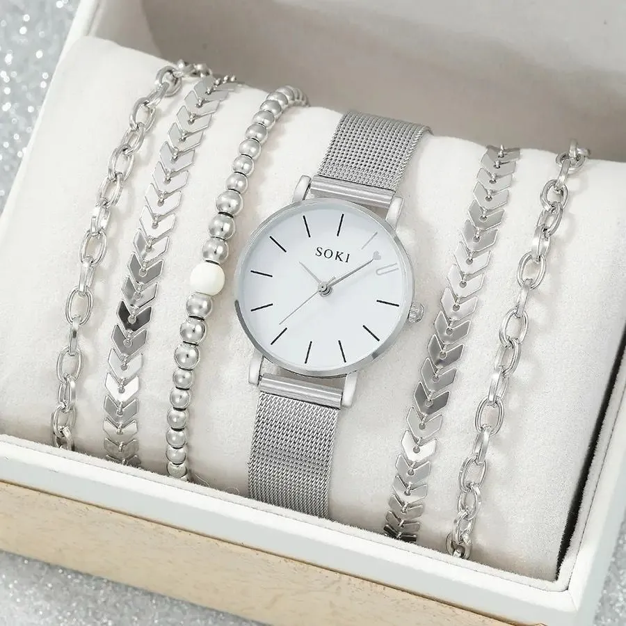 Conjunto De Joyería 6 Piezas Reloj Dimple De Plata De Cuarzo Con Pulsera Para Mujer Casual