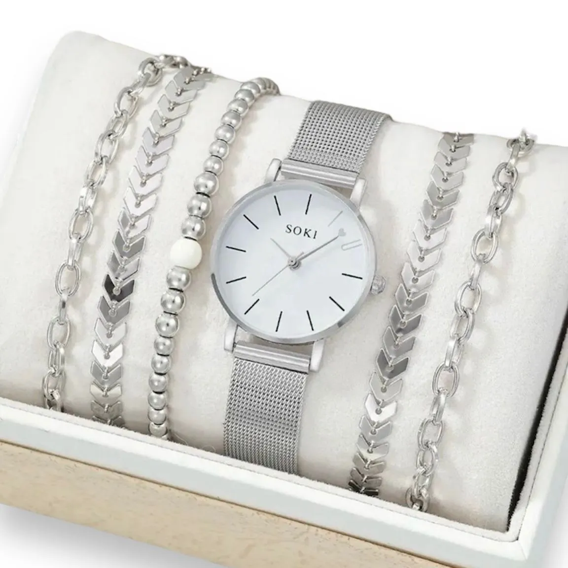 Conjunto De Joyería 6 Piezas Reloj Dimple De Plata De Cuarzo Con Pulsera Para Mujer Casual