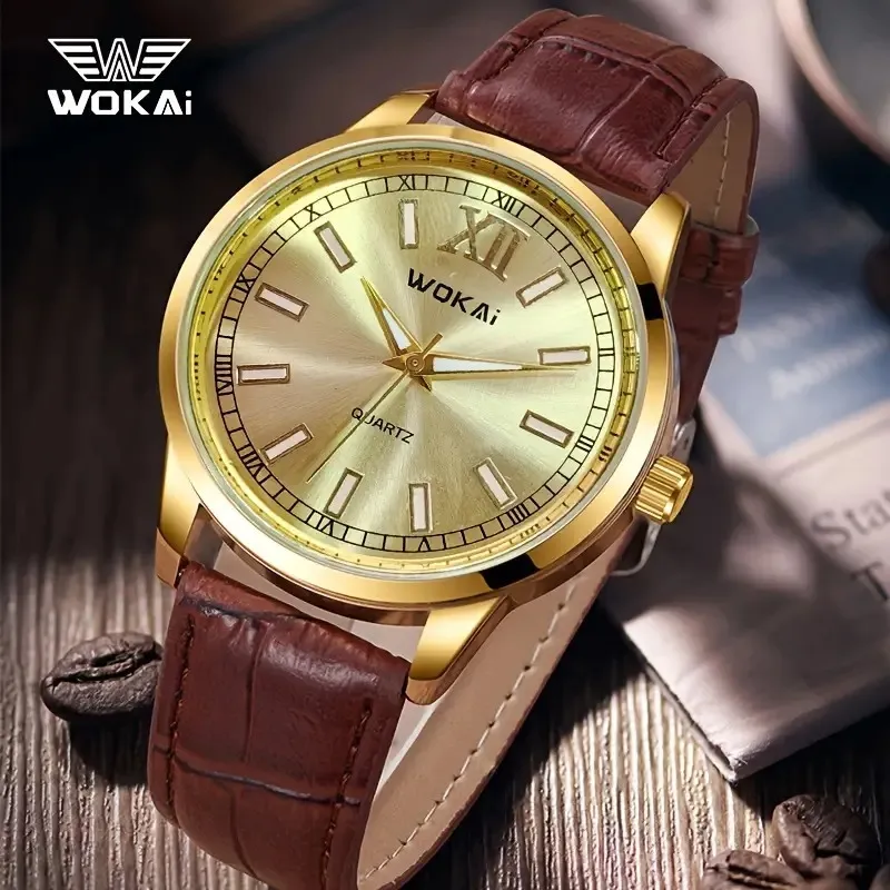 Reloj Dorado Para Hombres WOKAI Correa De Cuero PU