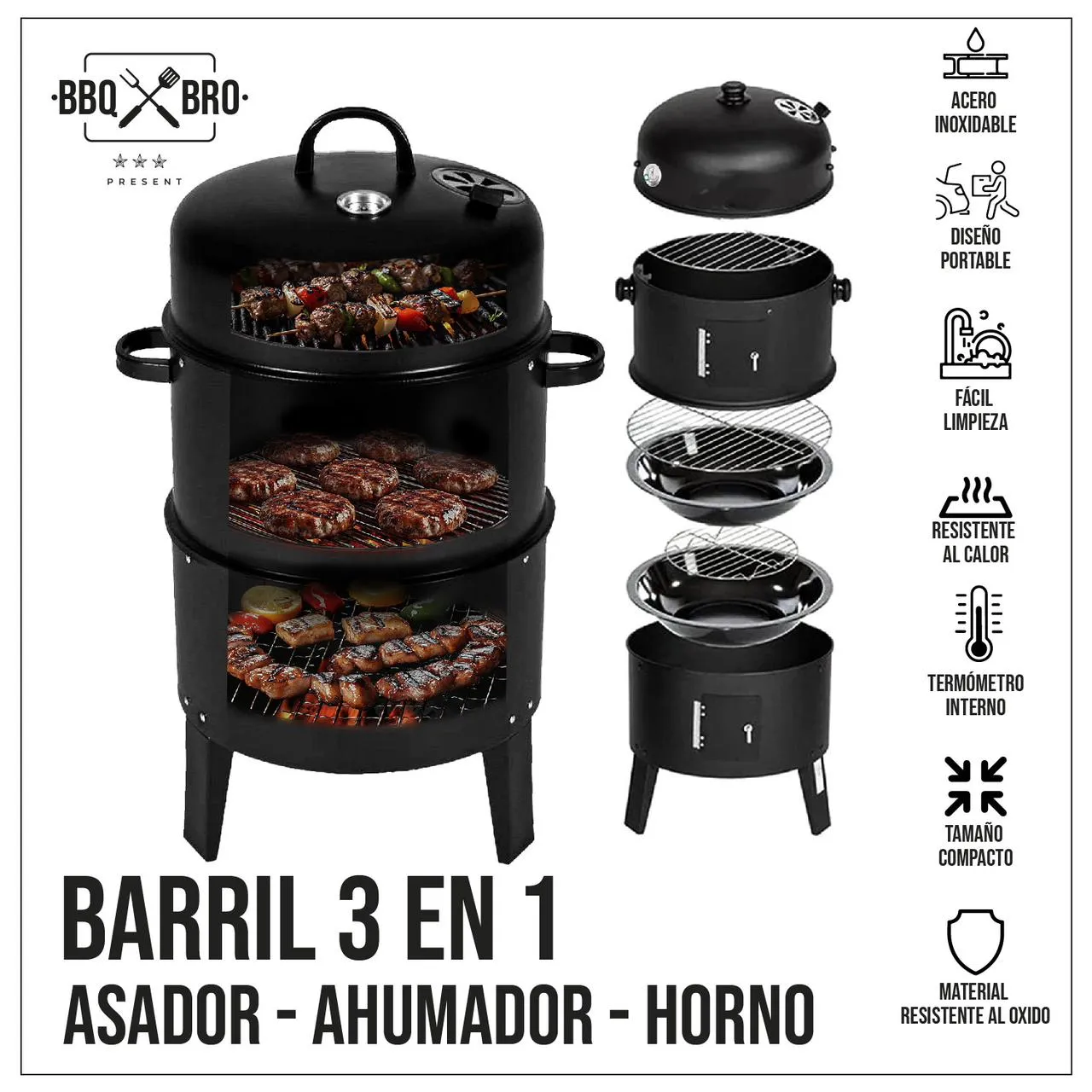 Asador Tipo Barril De Carbón Con Gran Área De Cocción 