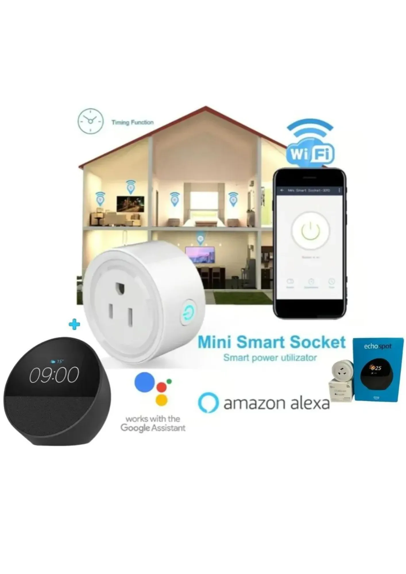 Combo Hogar Inteligente Alexa Echo Spot Con Pantalla Con Enchufe Inteligente Wifi  