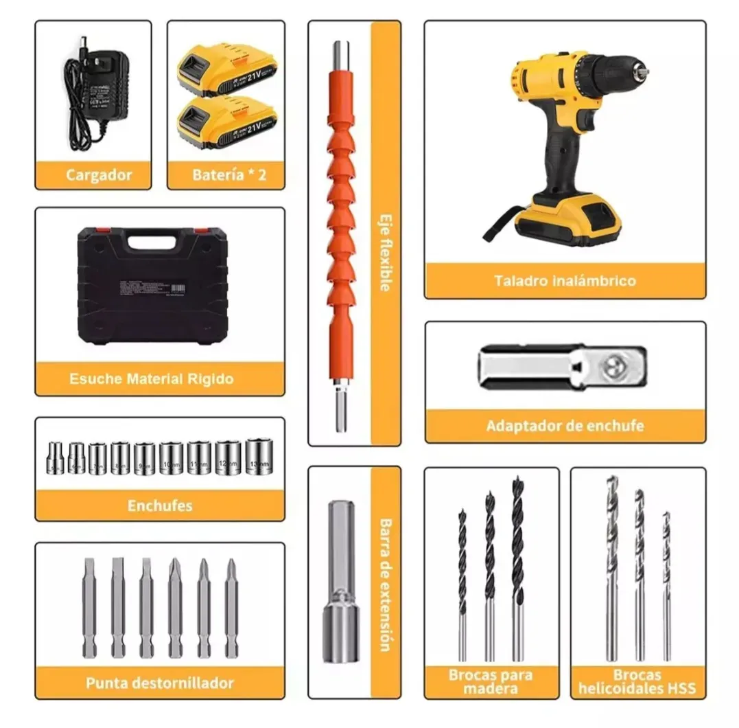 Taladro Inalámbrico De Alta Potencia Doble Batería Y Accesorios