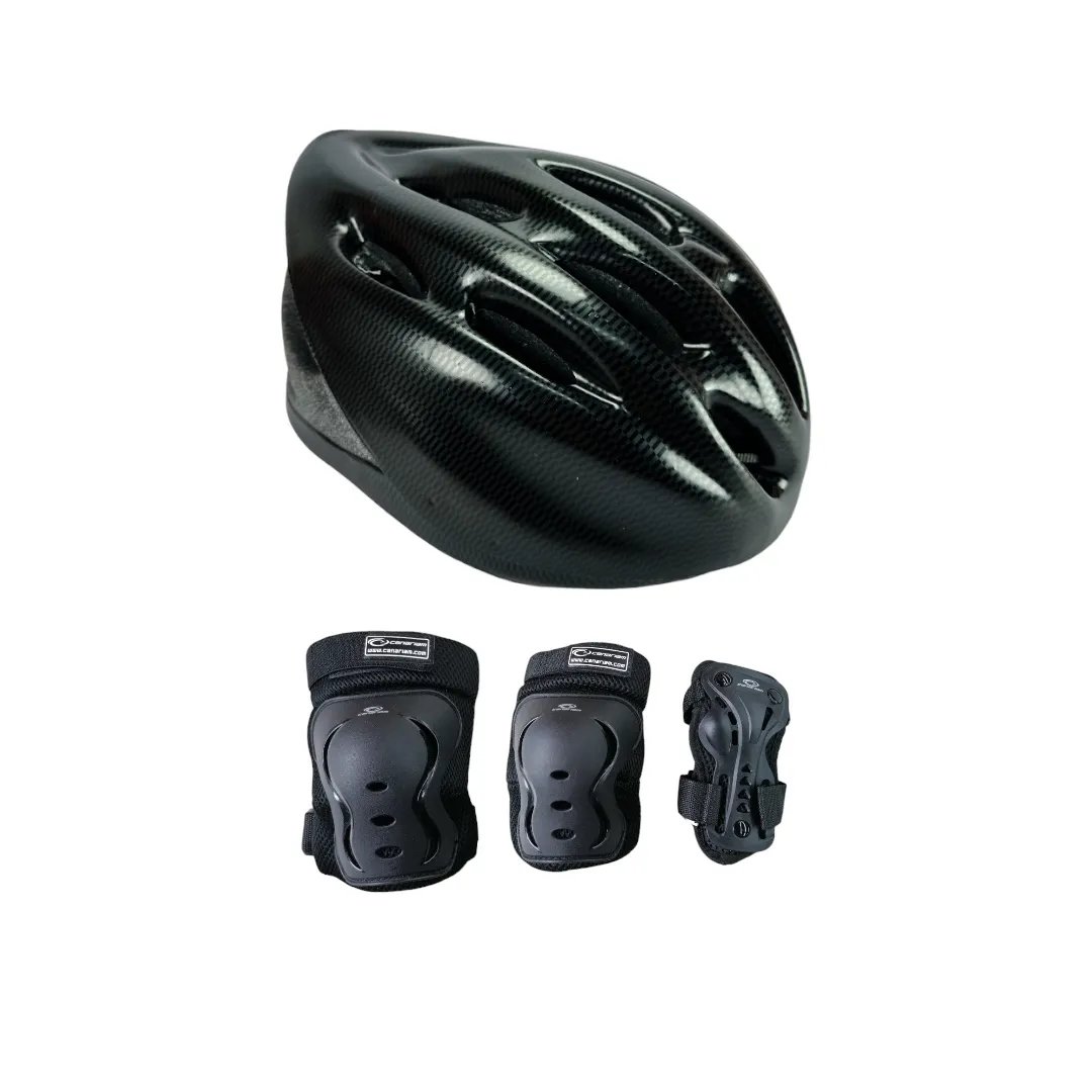 Combo Protecciones Casco Basic Aerodynamic Con Rodilleras Coderas Y Guantes Negro